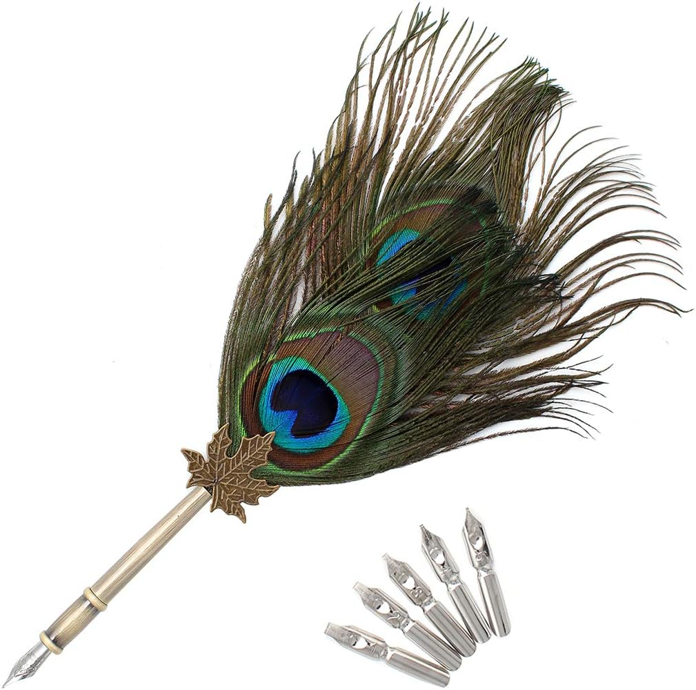 Gullor Quill Handcraft Feather Dip Pen Stem Metal Nib Pen Writing Quill with 5 Extra Nibs, Style G