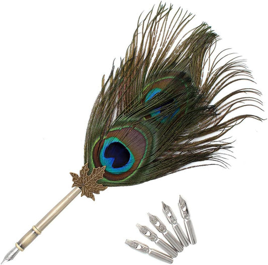 Gullor Quill Handcraft Feather Dip Pen Stem Metal Nib Pen Writing Quill with 5 Extra Nibs, Style G