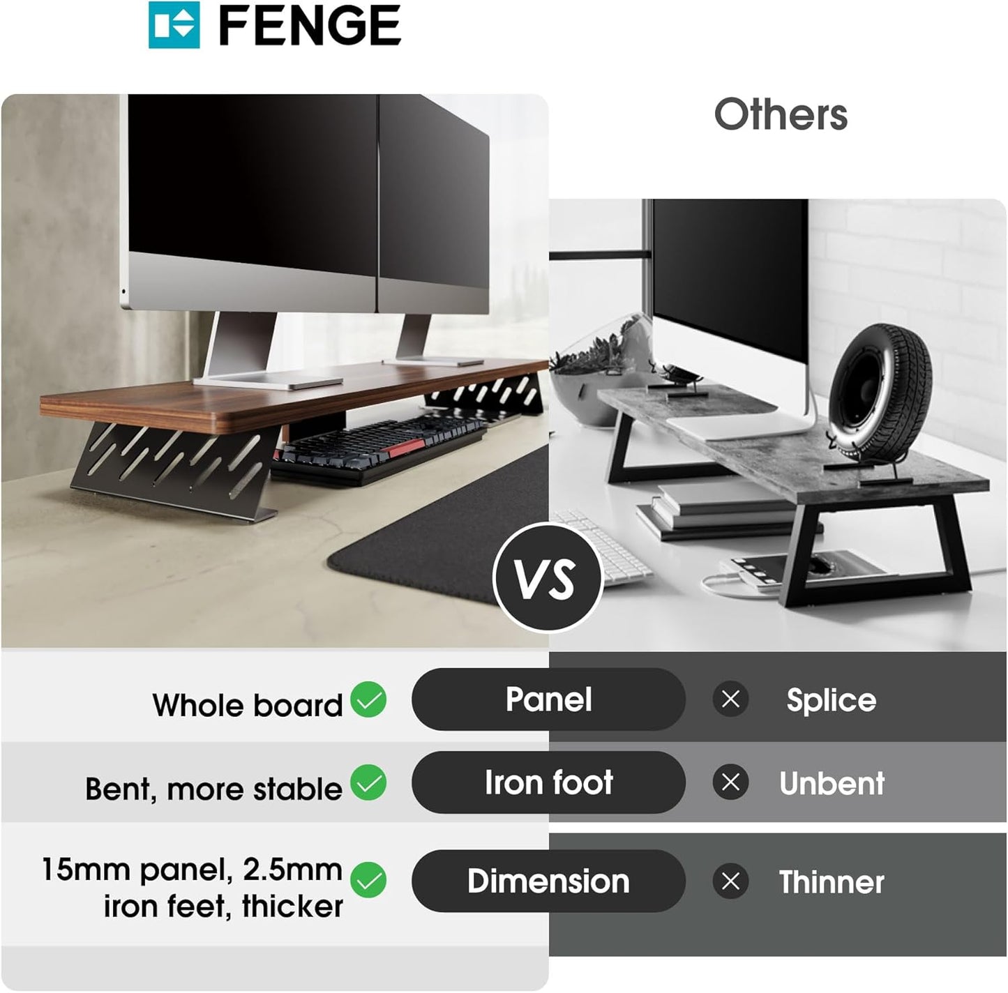 Fenge Dual Monitor Stand Riser, 42.5 Inch Desk Top Shelf for 2 Monitors, Computer Stands for Desk, Wood & Steel Desktop Riser for Laptop, PC, Printer