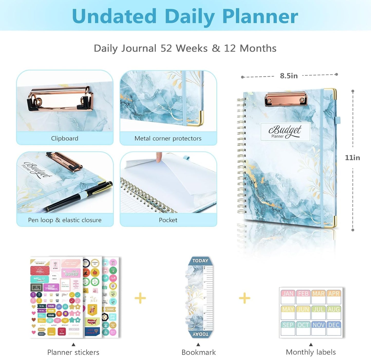 Ospelelf Undated Budget Planner with Expense Tracker and Bill Organizer Large Spiral Bound Monthly Account Planners to Take Control of Your Money 12 Months Blue