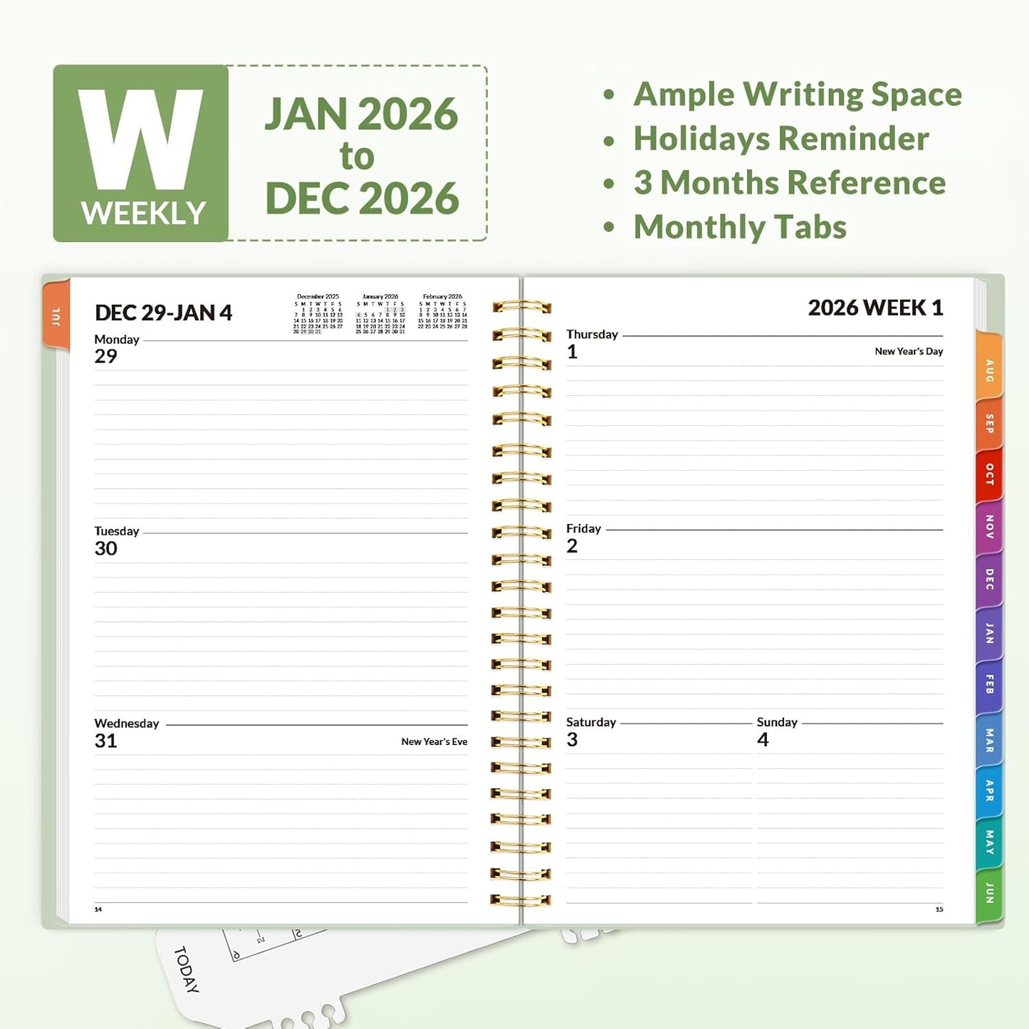 SUNEE 2026 Weekly and Monthly Planner - from January 2026 - December 2026, 6.4" x 8.3" Daily Agenda Planner with Monthly Tab, Flexible Cover, Note Pages, Pockets, Bookmark, Spiral Binding, Greenery