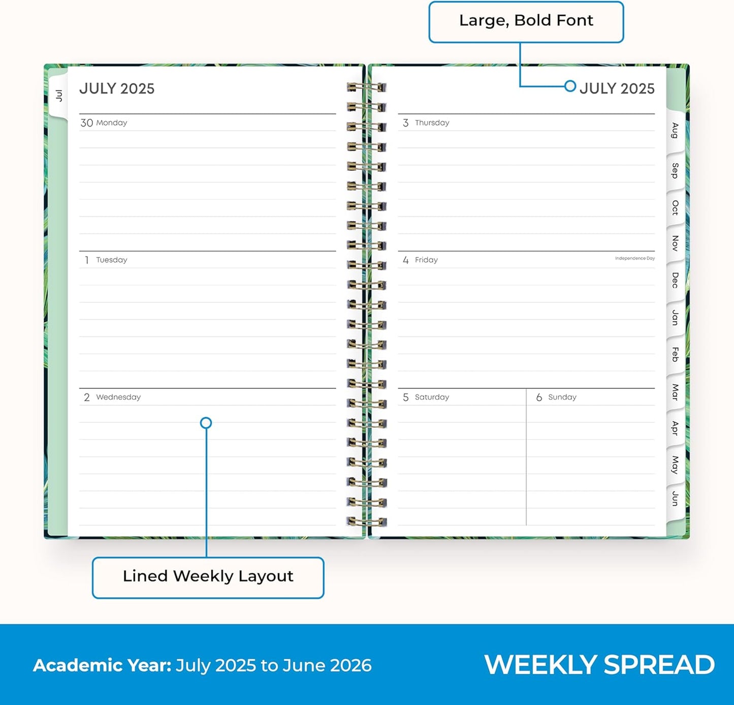 Blue Sky 2025-2026 Academic Year Weekly and Monthly Planner Calendar, July 2025 - June 2026, 12-Month, 5" x 8", Hard Cover, Wirebound, Storage Pocket, Laminated Tabs, Stickers, Avra