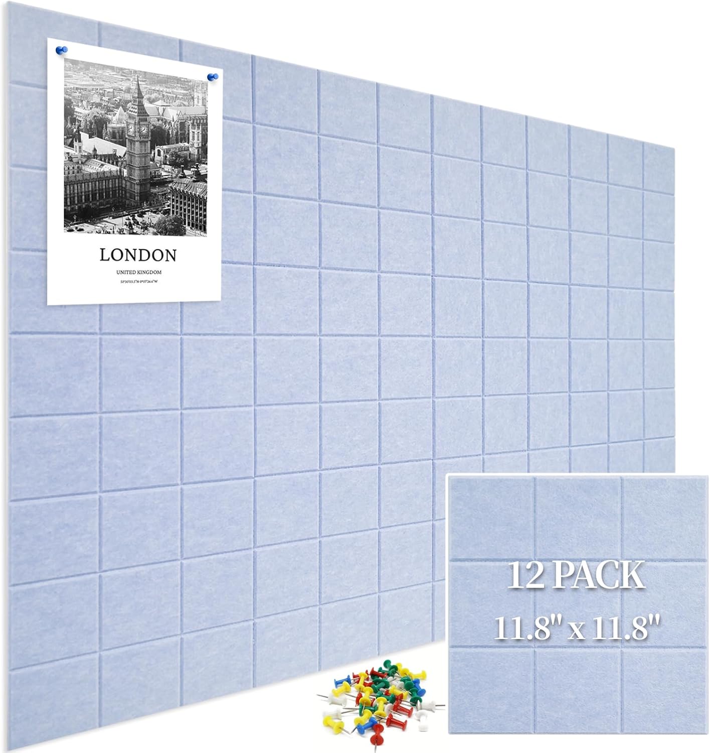 12 Pack Large Cork Board for Walls, 48" X 36" Felt Bulletin Board Tiles with 48 Safe Removable Adhesive Tabs & 60 Push Pin Board Decorative Cork Board Tack Board Wall Organizer for Office - Light Grey