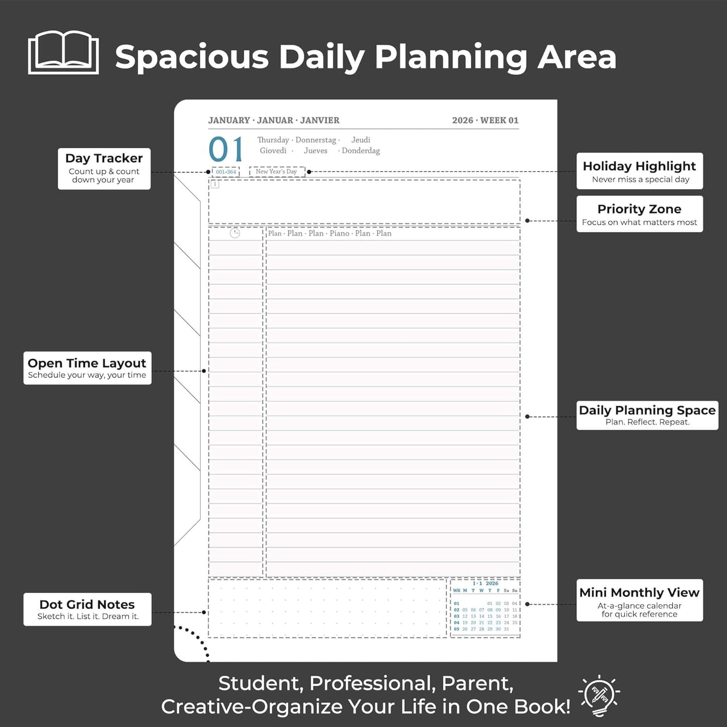 Daily Planner 2026 with One Page Per Day,(A5-8.5" x 5.9"),12 Months Calendar Hourly Appointment Book Monthly Tabs & Self-adhesive Pen Holder,Inner Pocket, Vegan Leather Hardback,Black