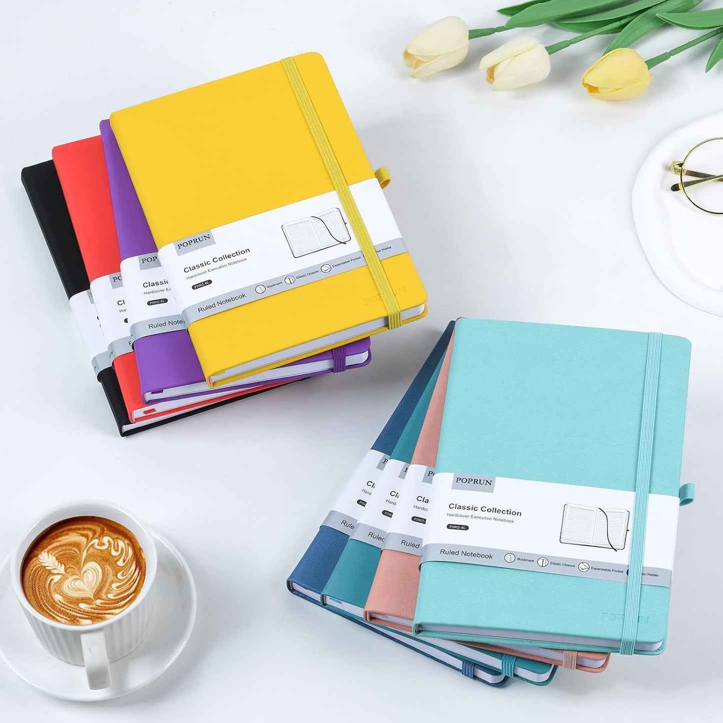 POPRUN A5 Lined Journal Notebooks, Leather Hardcover Thick Notebook for Writing, Business Work, Travel, School, College, Christmas, 5.5 x 8.3 inch, 240 Pages Classic Ruled Journals Notepad, Red