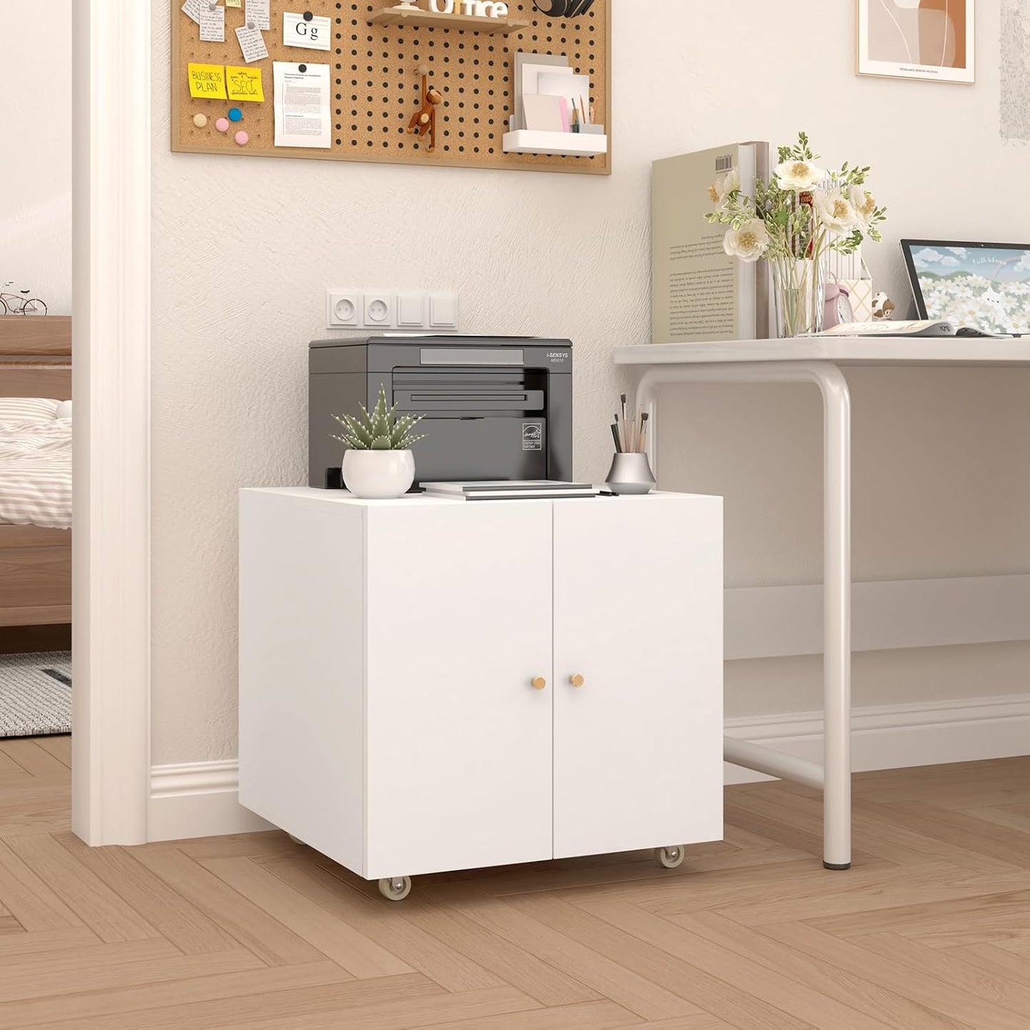 Metal Printer Stand, Large Printer Table with Wheels, Heavy Duty Printer Cabinet Stand, Printer Stand with Storage, Modern Printer Stands for Home Office, Copier, Computer, Fax