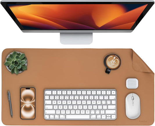 Oversized Non-Slip Desk Pad Protector – Grips Desk Firmly, Anti-Slip Like You've Never Seen! Vegan Leather Waterproof Laptop Mat for Keyboard & Mouse – Large Office Pad– Caramel Brown