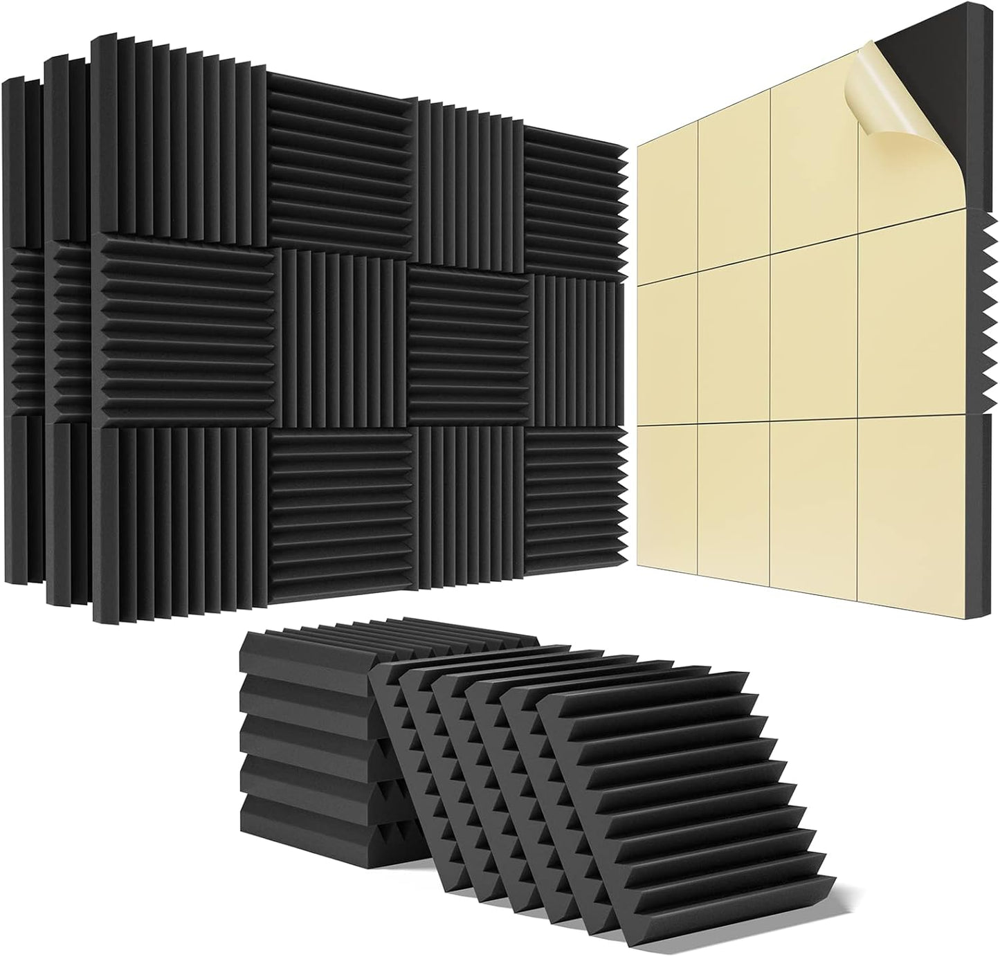 48 Pack Sound Proof Foam Panels for Walls,2" X 12" X 12"Self-Adhesive Foam Acoustic Panels Sound Absorbing,High Density Quick-Recovery Soundproof Wall Panels -Black