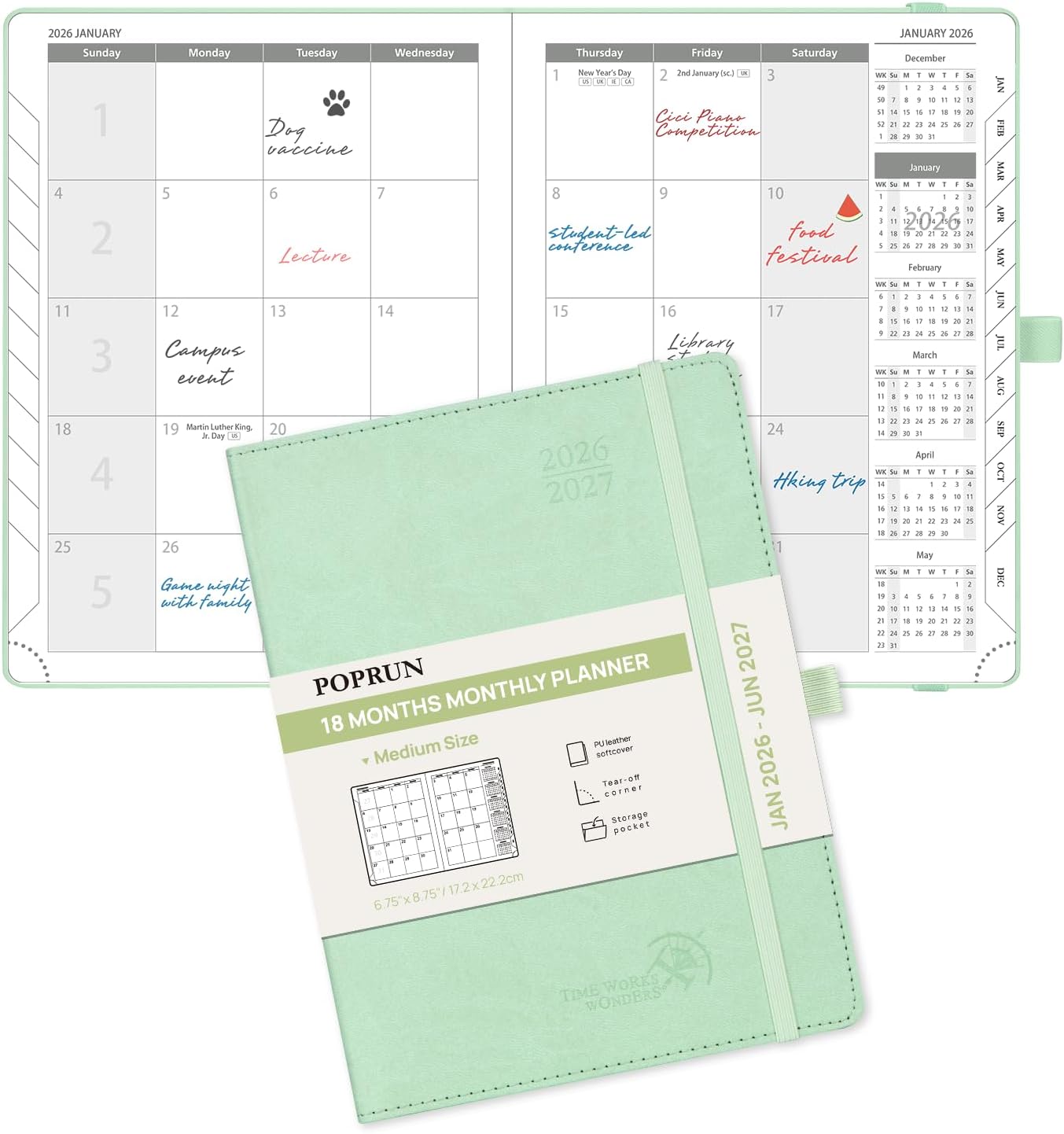 POPRUN Monthly Planner 2026-2027 (Medium- 6.5'' x 8.5'' Soft Cover), 18-Month Calendar Book (Jan.2026 - Jun. 2027), Calendar Planner with Monthly Tabs & Pocket, 100 GSM Paper - Green