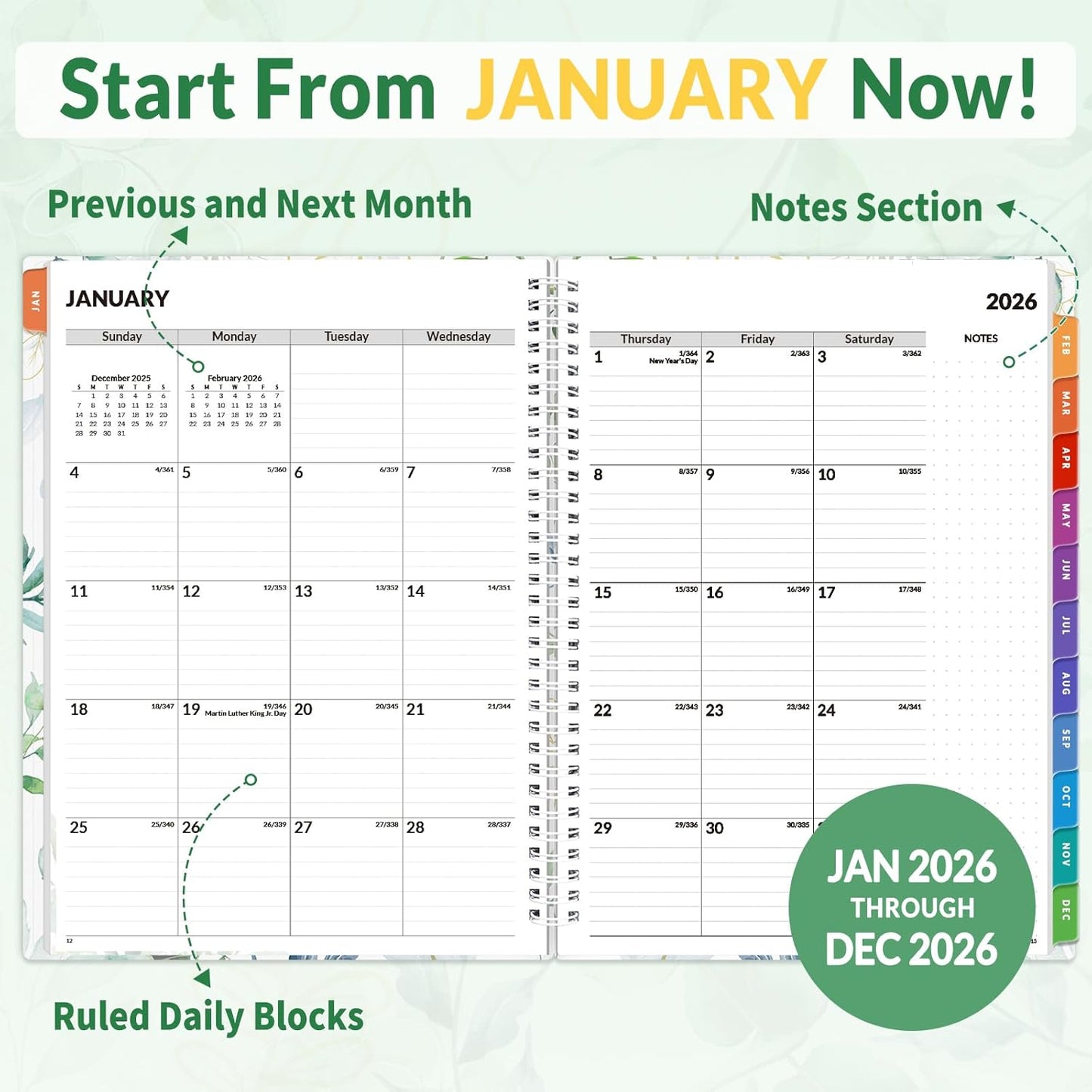 SUNEE 2026 Appointment Planner 15-Minute Time Block – Weekly & Monthly Spiral Organizer with Note Section – Thick Paper, Lay-Flat Bound – 8.5 x 11 for Office, School, Salon, Men & Women, Greenery