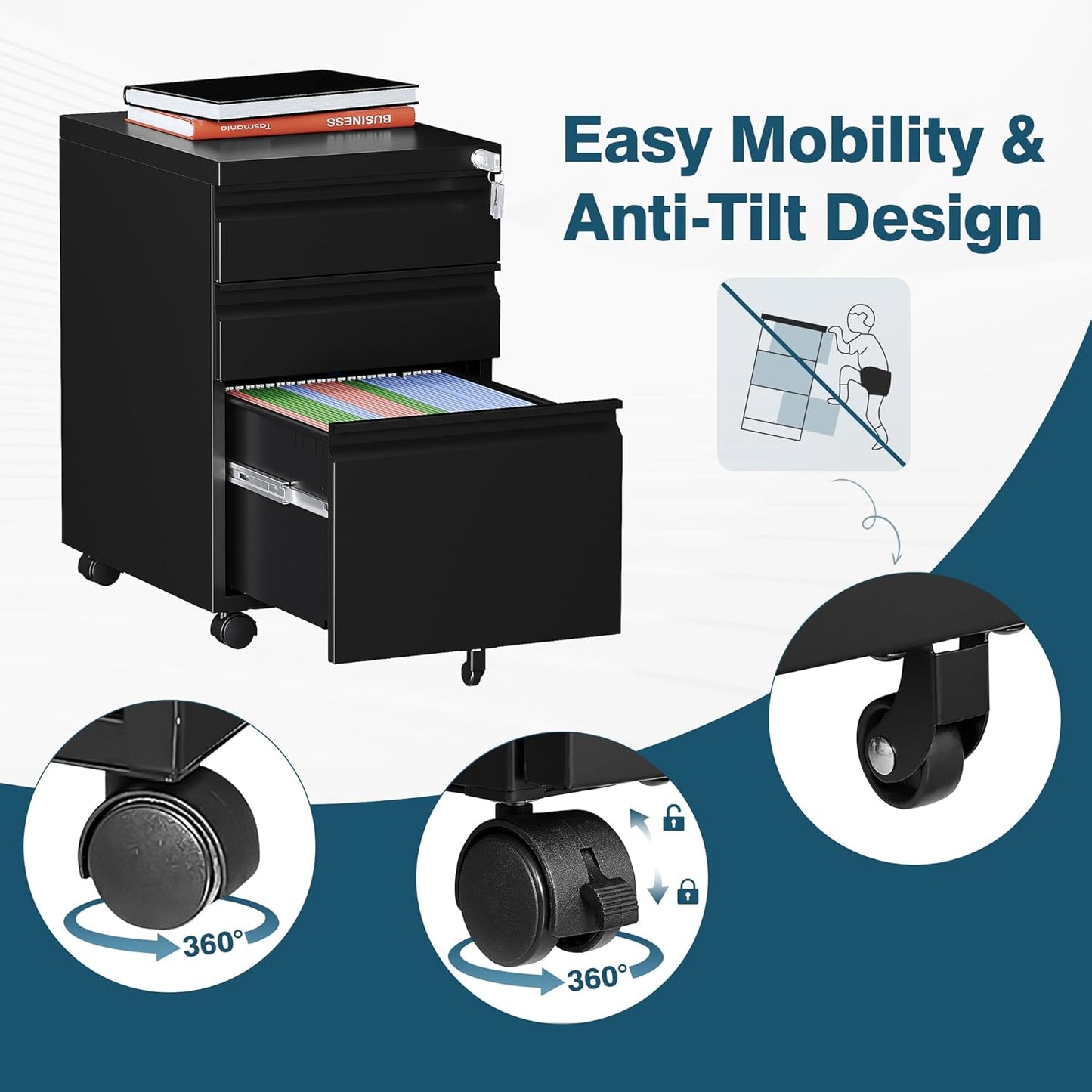 MIIIKO 3 Drawer File Cabinet on Wheels, Home Office Mobile File Cabinet Under Desk, Full Assembled Metal Filing Cabinets with Lock for Legal/Letter/A4 File Folders