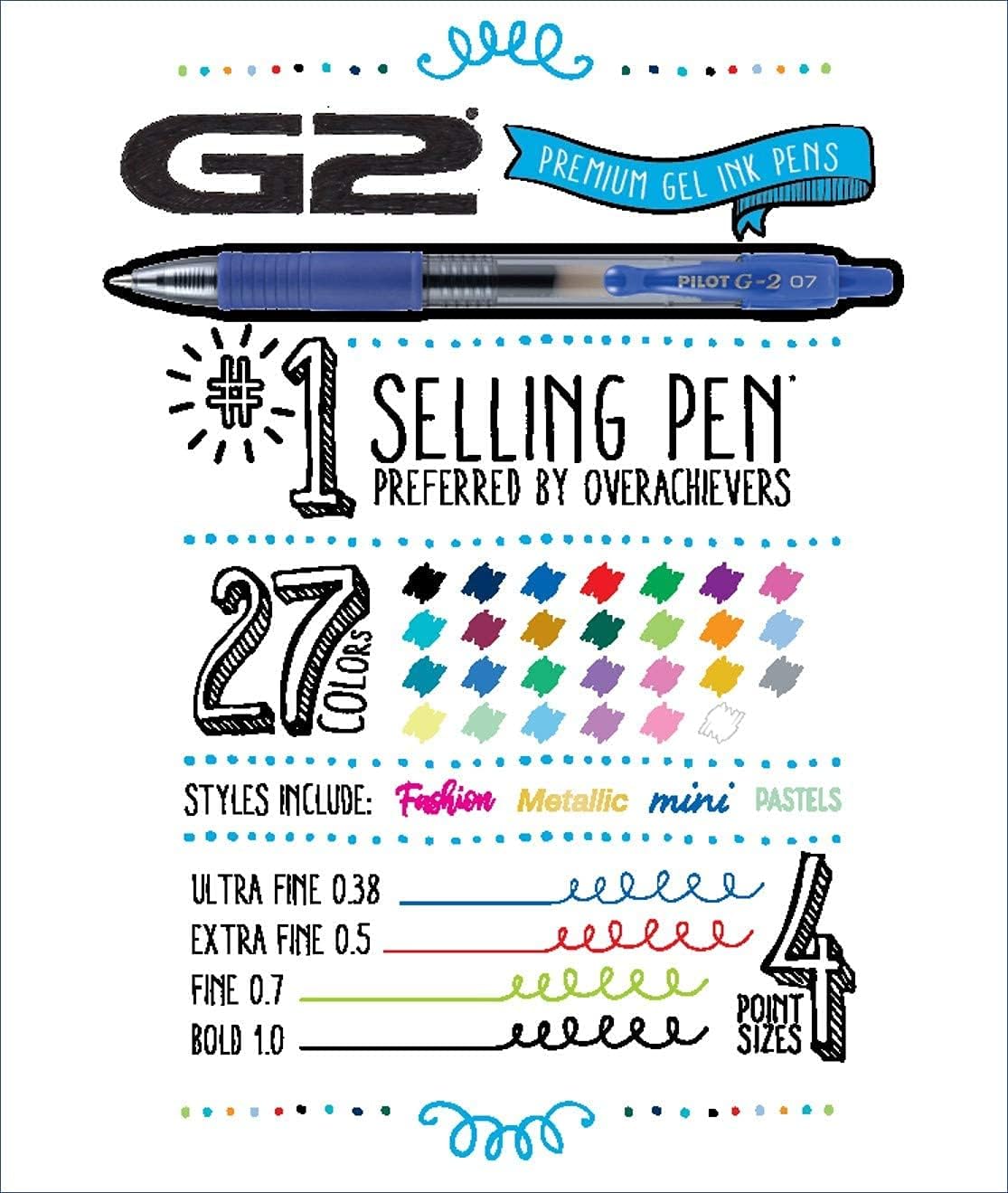 Pilot G2 Premium Gel Pens, Gel Roller Pens, Fine Point 0.7 mm Assorted Colors 7