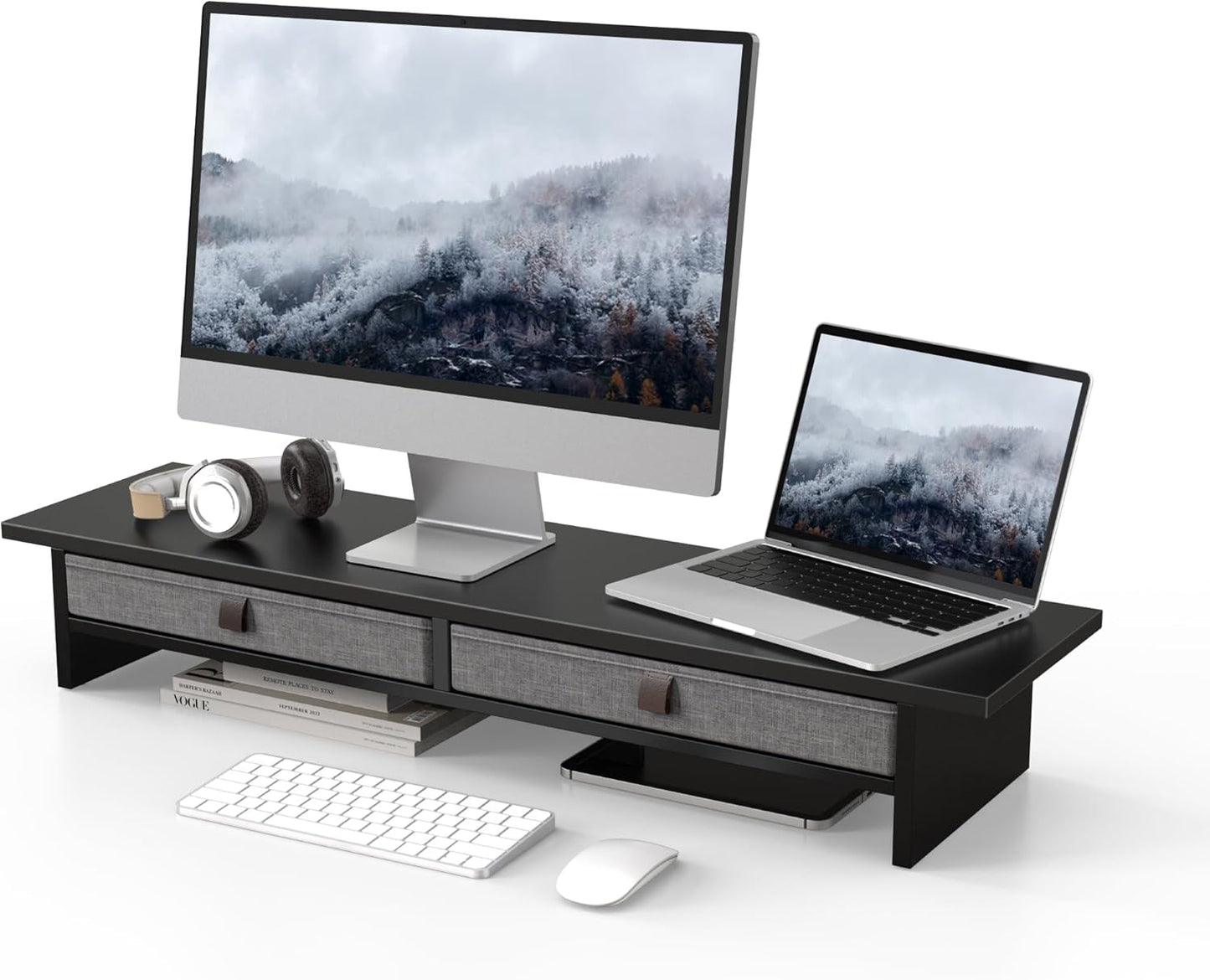 Fenge Monitor Stand with Drawer, 2 Tiers Dual Monitor Riser for Desk, 35 Inch Computer Stand for 2 Monitors, Desk Shelf for Home, Office, Laptop, PC, TV, Printer