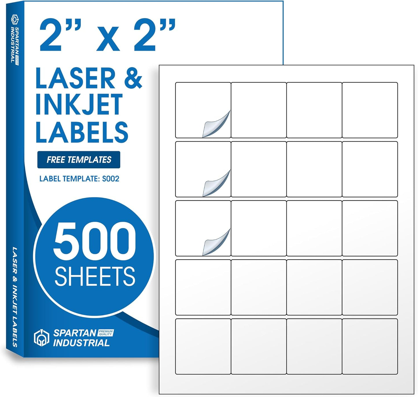 2" X 2" Square Printable Labels Compatible with Inkjet and Laser Printers - 500 Sheets, 10000 Matte White Paper Stickers for Logos, Product Labeling, and QR Codes - Spartan Industrial
