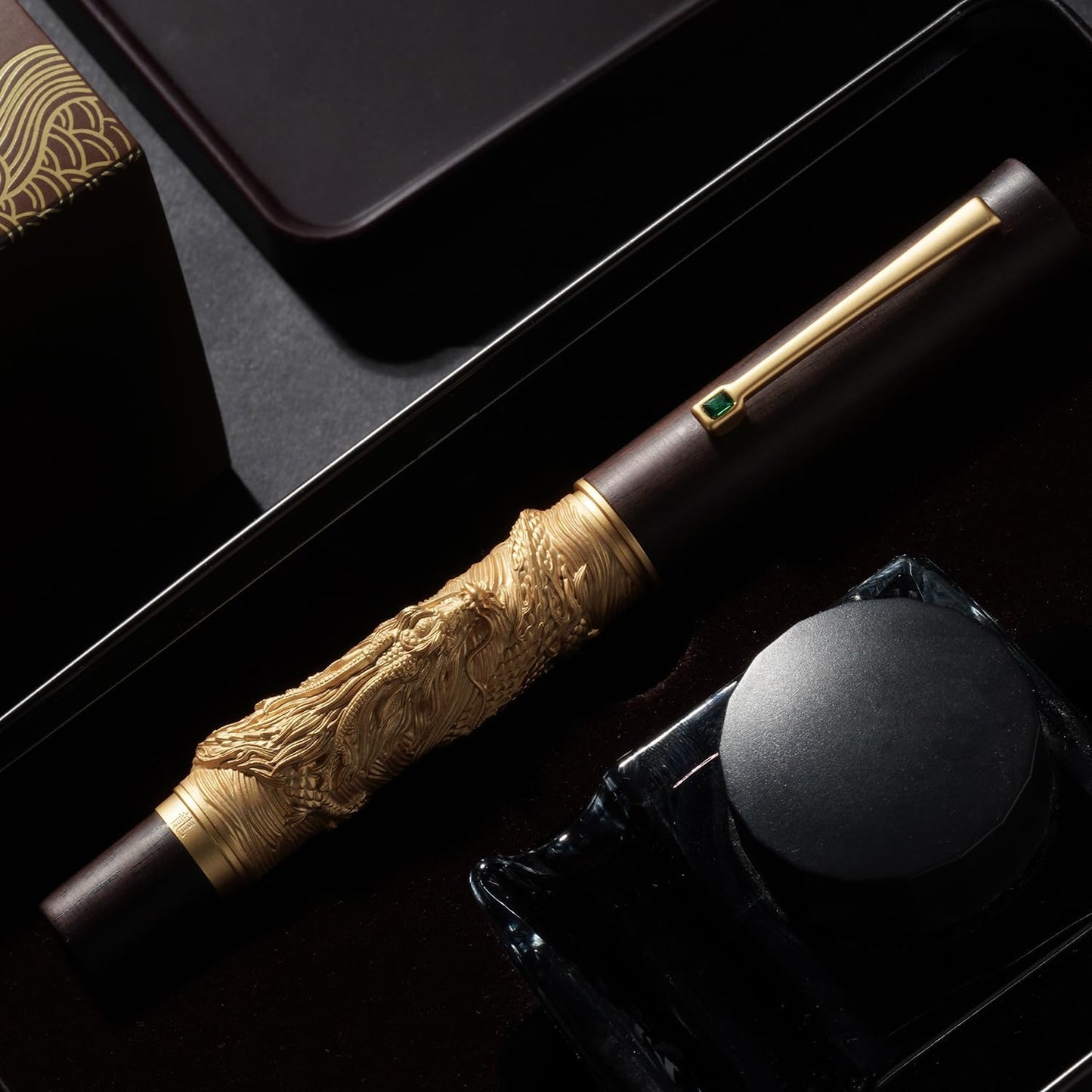 Hongdian N24 Fountain Pen Fine Nib, Golden Dragon Stereoscopic Carving with Red Wood Design