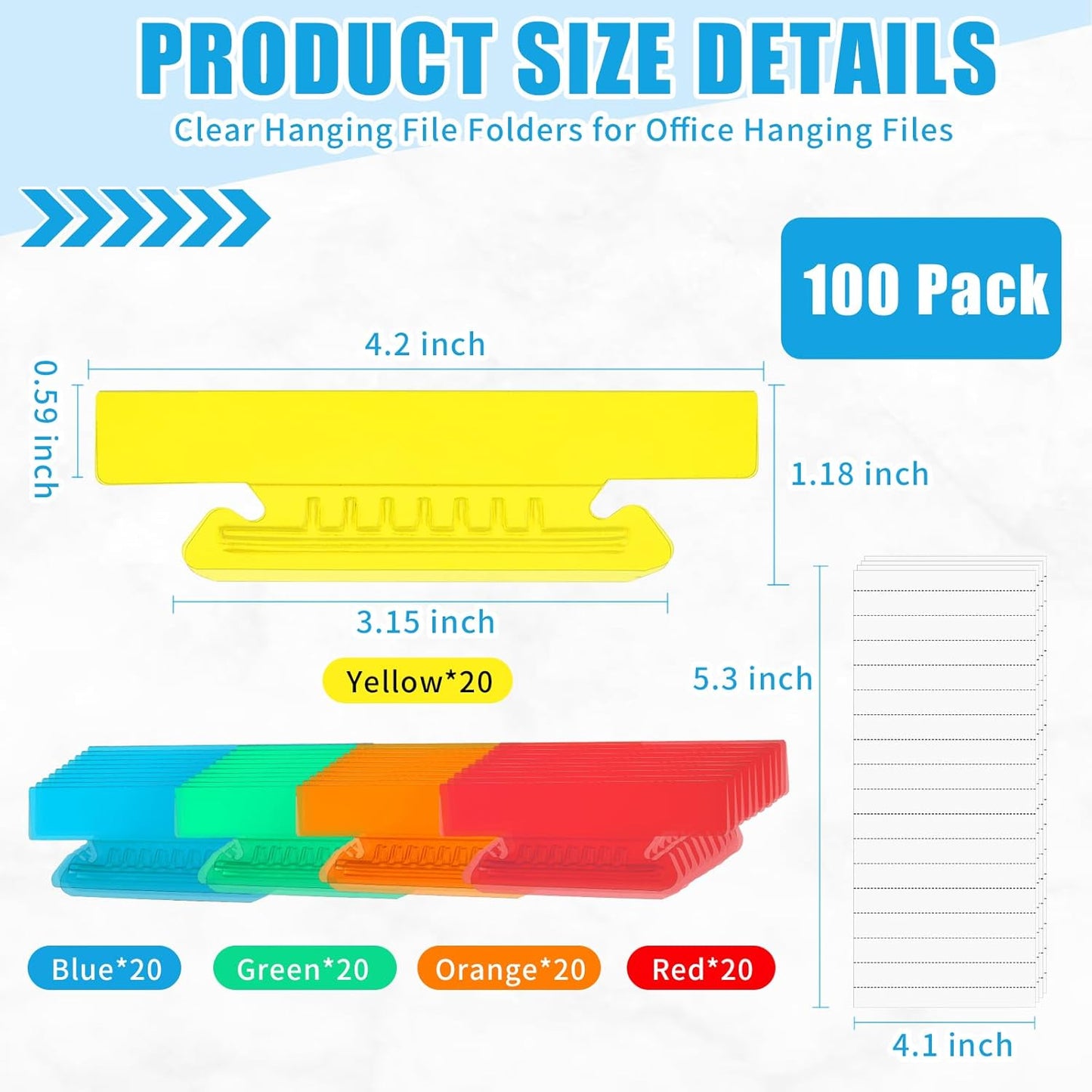 100 Pieces 4 Inch Hanging File Folder Tabs and Inserts Large Clear Plastic Hanging Folder Tabs for Filing Cabinet Folders Labels Back to School Supplies Assorted Colors (100)
