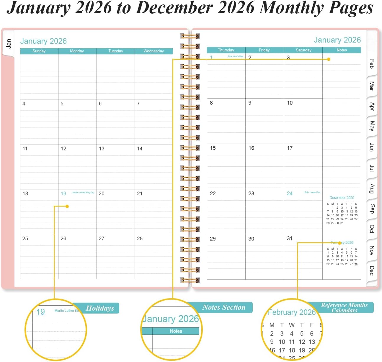 2026 Planner - Planner 2026 from January 2026 - December 2026, Weekly & Monthly Planner Spiral Bound with 12 Monthly Tabs, Inner Pocket, 6.4" x 8.5", Pink-E