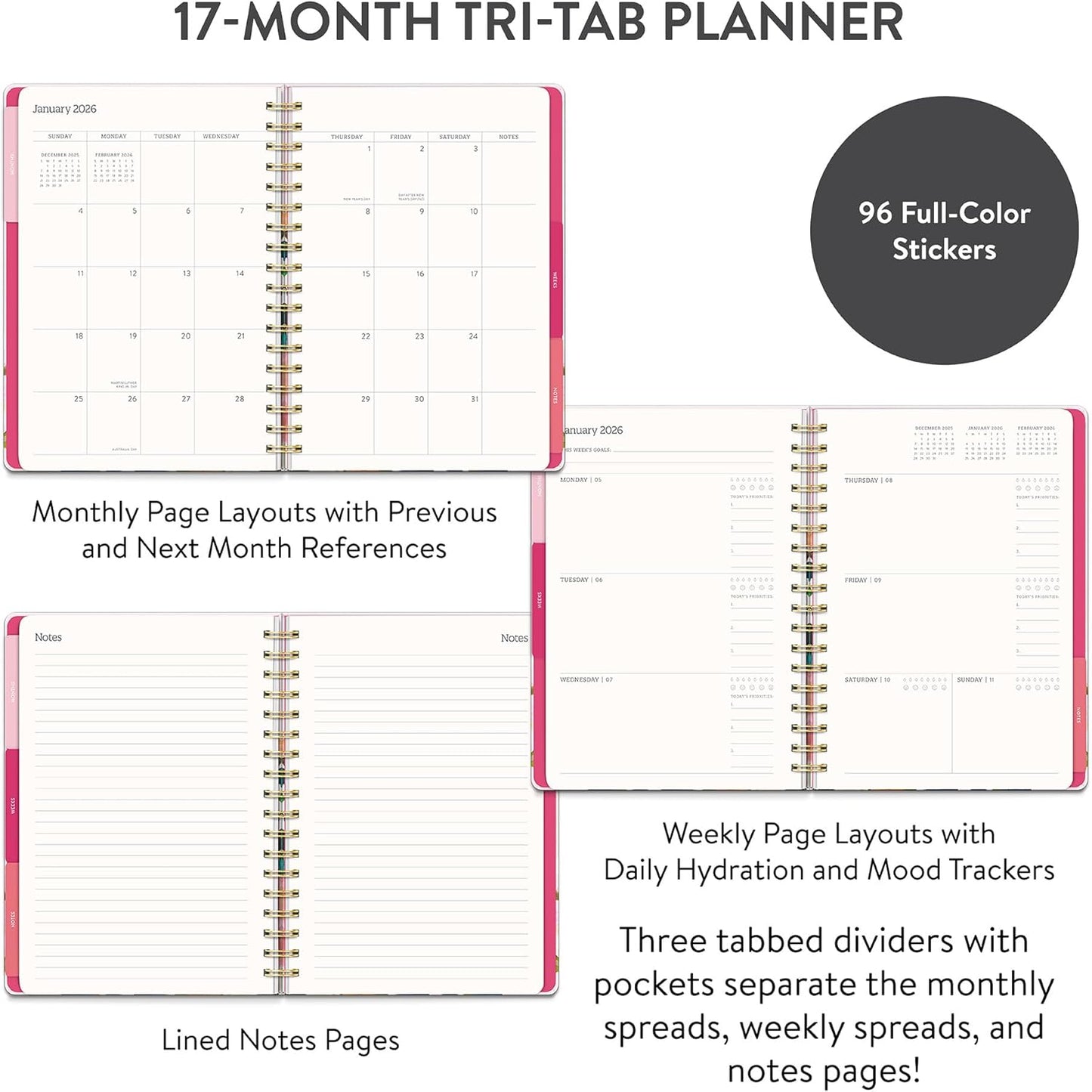Orange Circle Studio Academic Planner 2025-2026, Amazon Exclusive, Bella Flora, Tri-Tab Planners, 17-Month Triple-Section, August 2025 to December 2026, 9.6" x 7", Weekly Monthly Planner Calendar for School or Work, Note Pages