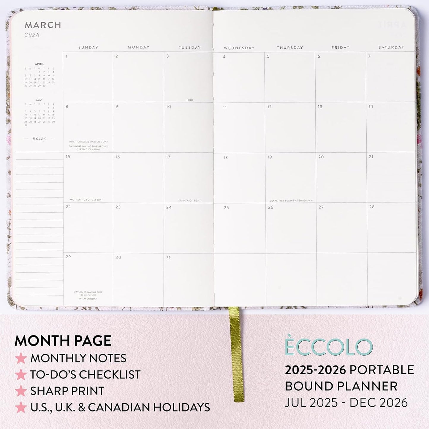 2025-2026 Eccolo 18 Month Linen Botanical Bound Planner, Monthly & Weekly Pages (5.25 x 7.75" - July 2025 - Dec 2026)