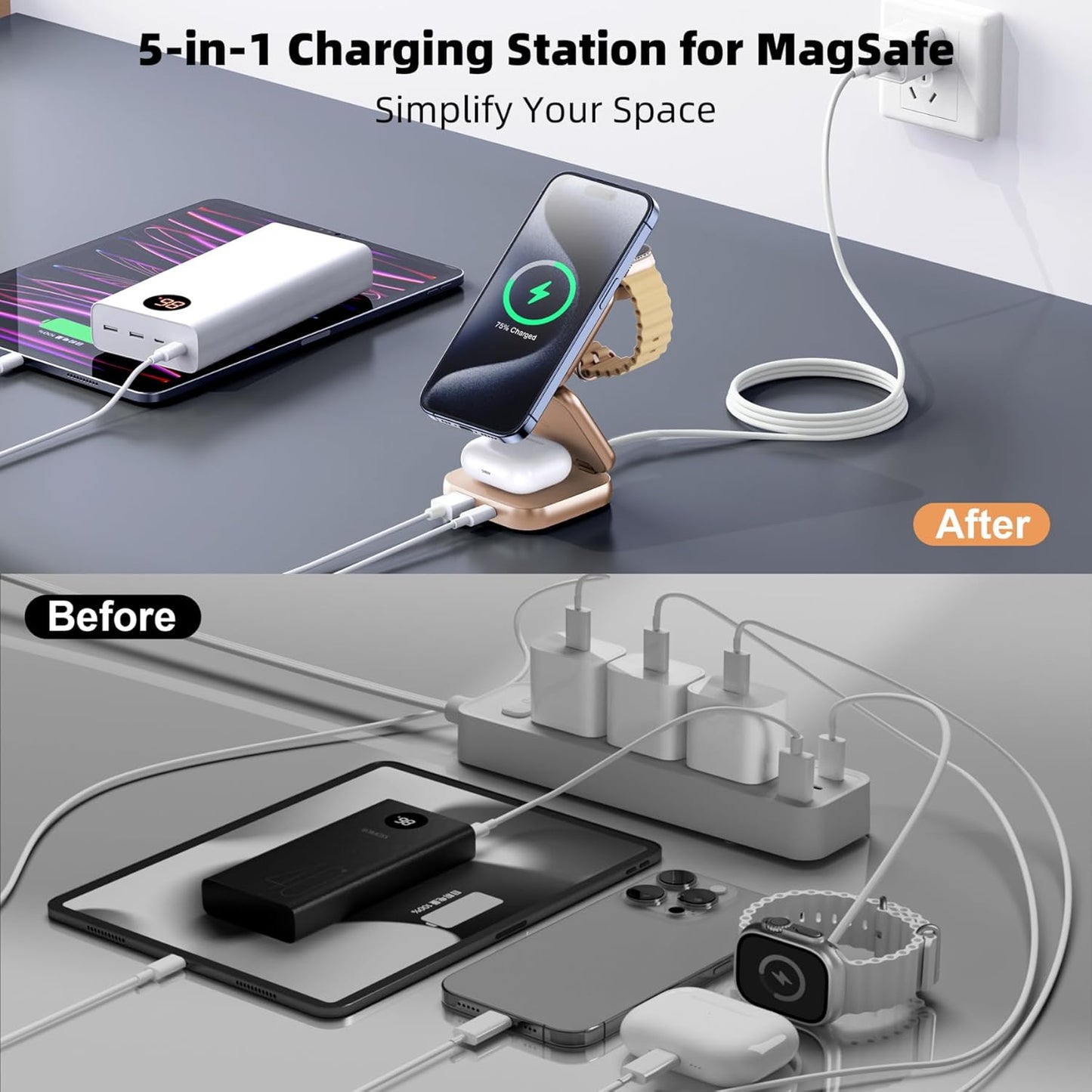 5-in-1 Wireless Charger for MagSafe, AC ISLAND Portable Travel Charging Station, 15W Max Fast Foldable Magnetic Stand, Evolved for iPhone 17/16/15/14/13 Series, Apple Watch, AirPods (with 35W Adapter)