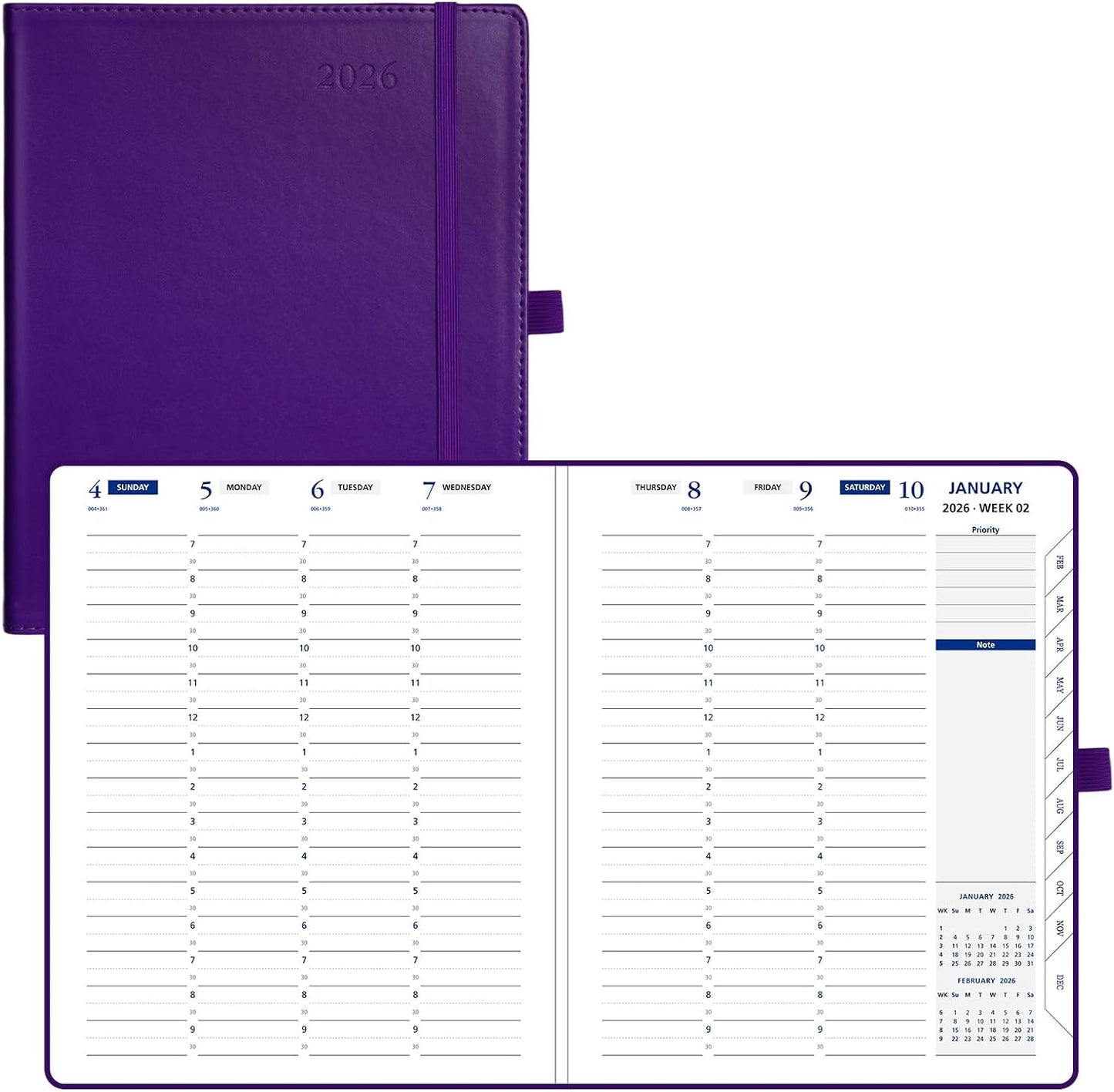 POPRUN 2026 Weekly Planner (Medium 7'' x 8.5''), 30-Minute Hourly Appointment Book (Jan 2026-Dec 2026) with Monthly Tabs, Inner Pockets, Pen Holder, PU Leather Softcover, 100GSM - Purple