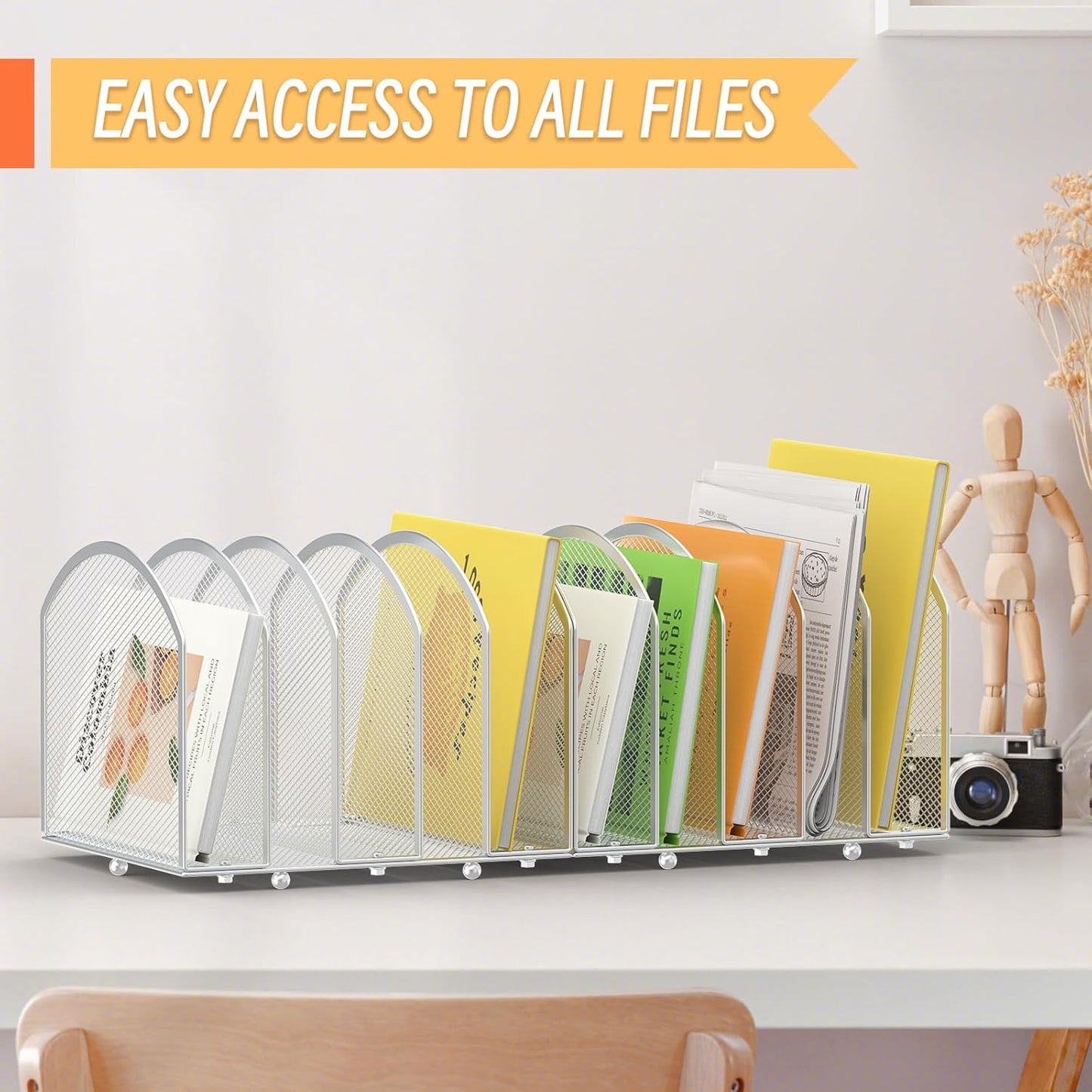 Desk File Organizer 5 Sections Desktop Organizer File Sorter Office Organization File Folder Holder for Office School & Classroom (Silver, 5 Section - 1Pack)