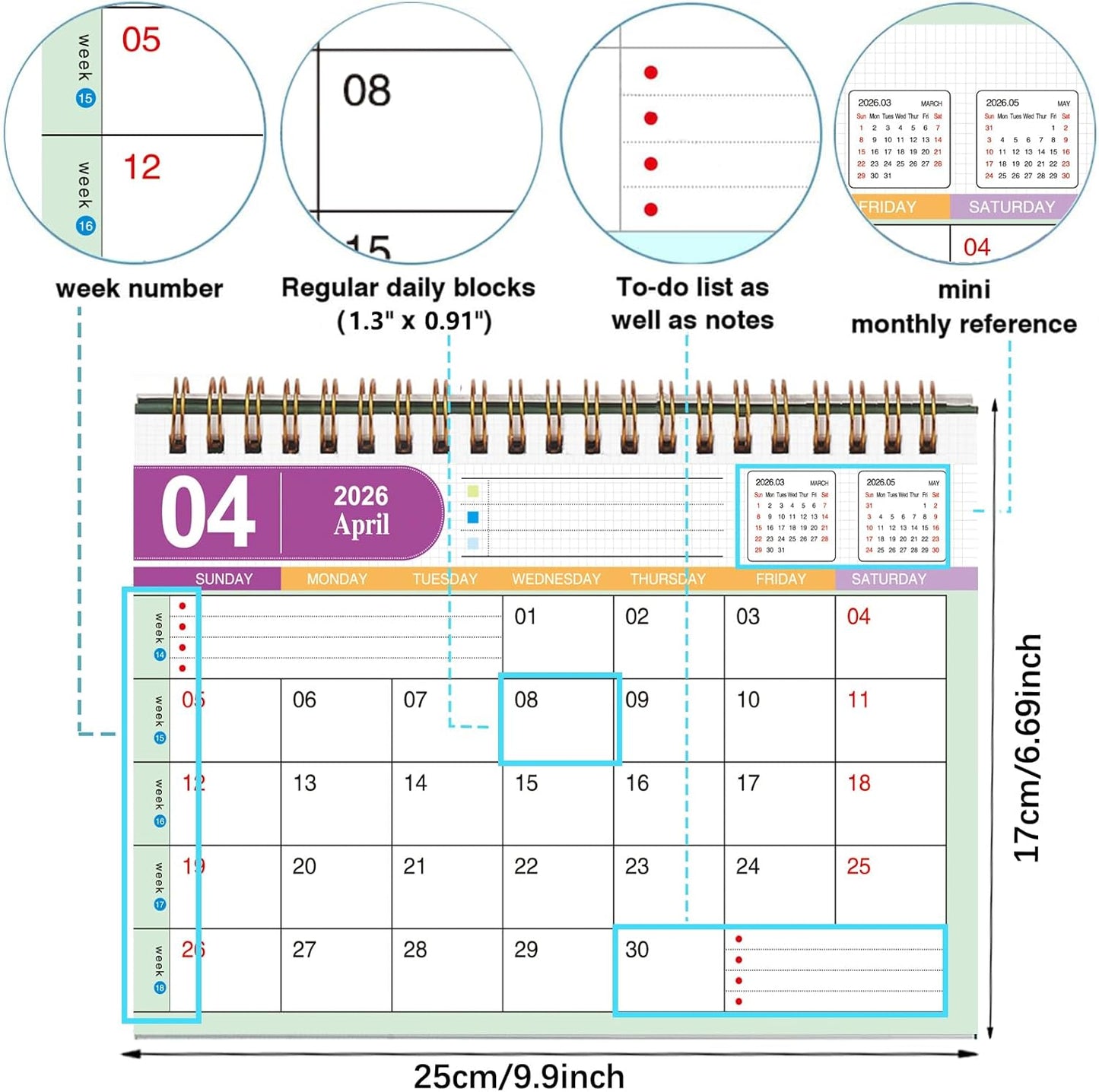Desk Calendar 2025-2026, Standing Flip Medium Desktop Calendar from July 2025 to December 2026 - Metal Ring Twin-Wire Binding 18 Month Desk Calendar for Home Office School (L-Black)