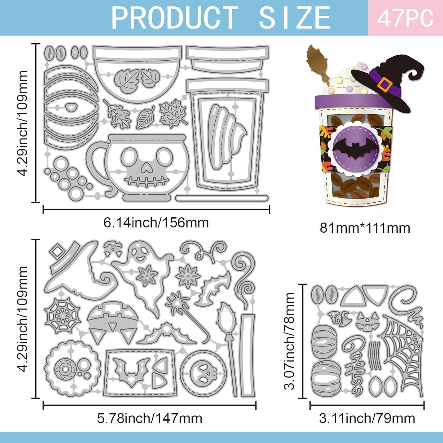 GLOBLELAND Halloween Pumpkin Coffee Cup Cutting Dies for Card Making Cat Ghost Bat Cut Die for DIY Scrapbooking Journal Embossing Paper Craft Decor