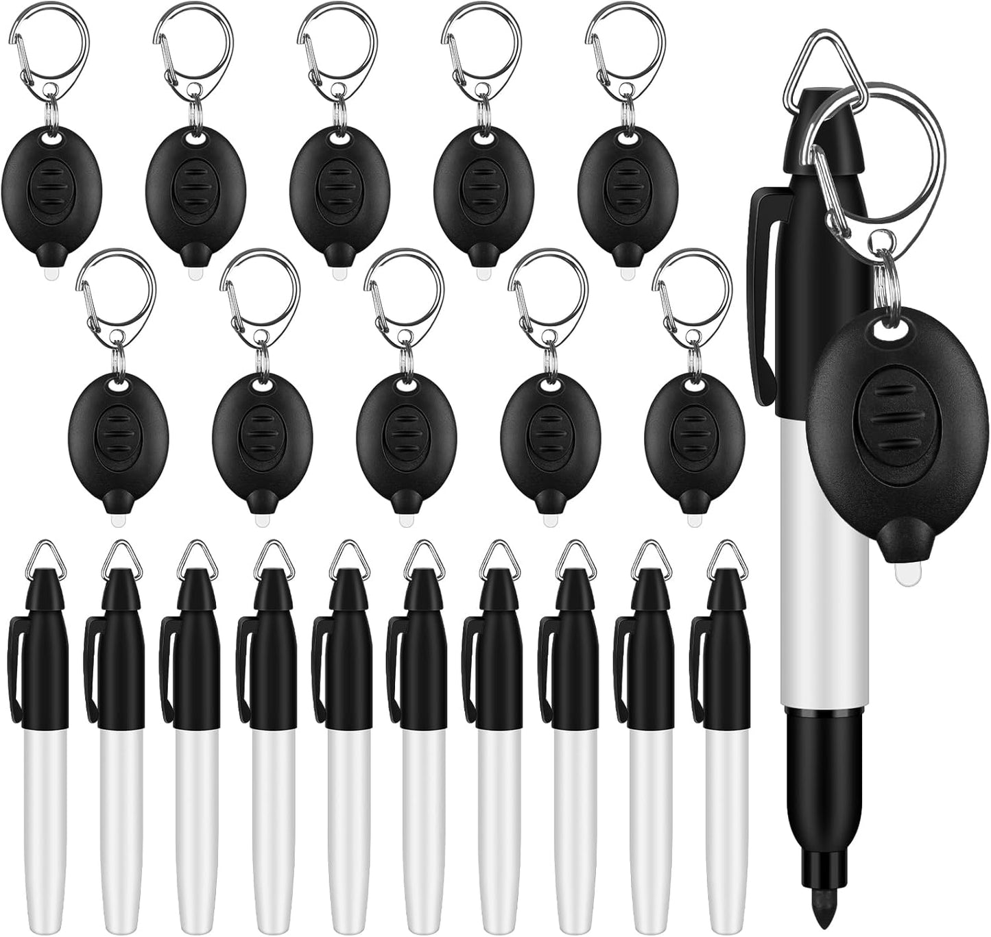 20Pcs Mini Flashlight Keychain Permanent Marker Keychain Mini Keychain Flashlights & Permanent Marking Pens LED Keychain Flashlight Mini LED Keychain Light Black Marker Pens