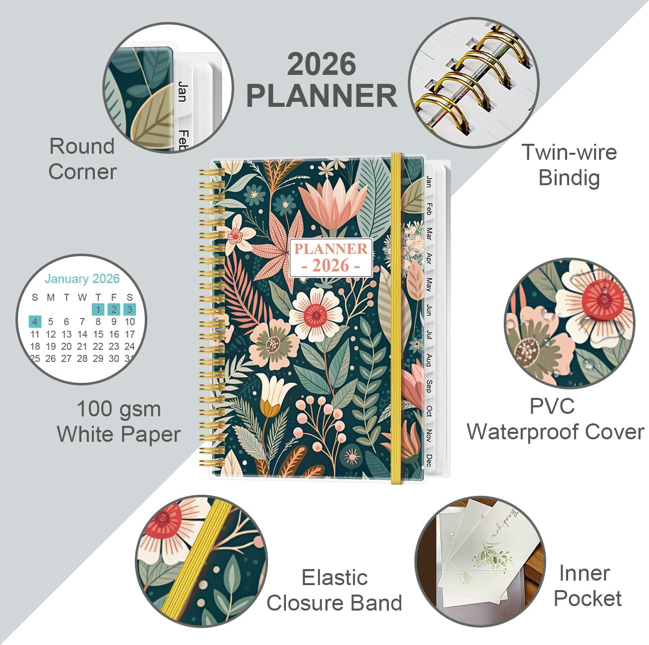 2026 Planner - Planner 2026 from January 2026 - December 2026, Weekly & Monthly Planner Spiral Bound with 12 Monthly Tabs, Inner Pocket, 6.4" x 8.5", Flower-C