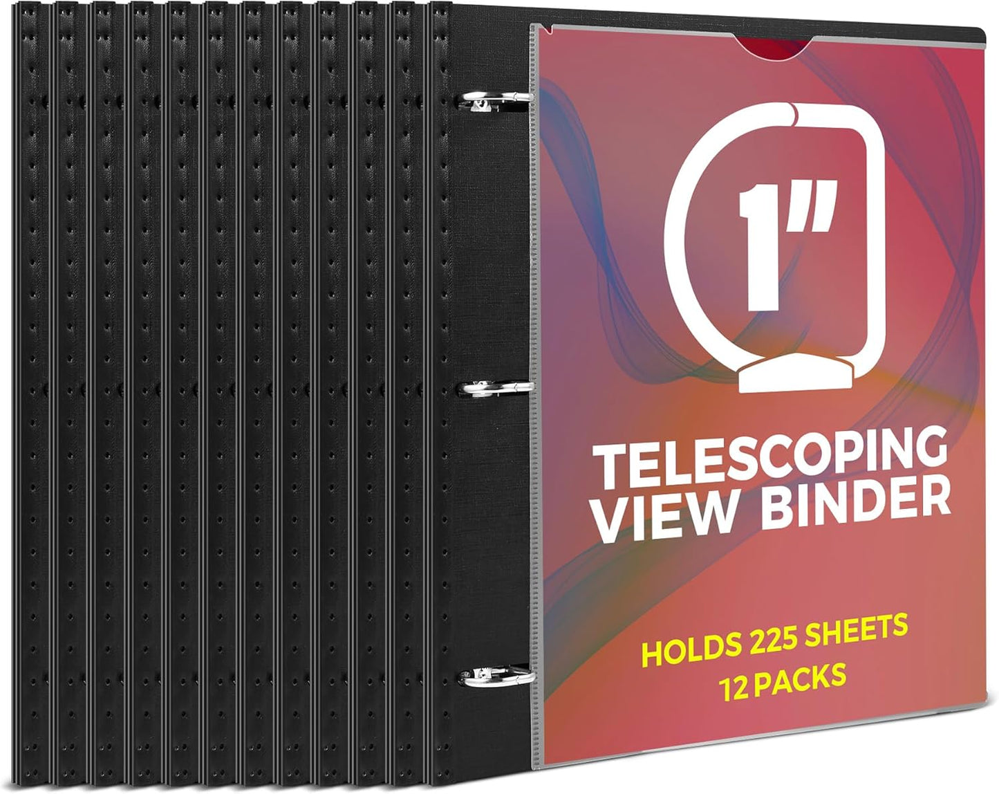 1 Inch Telescoping 3 Ring Binder-12PCS, Flexible Binder with Customized Front Cover, Holds 225 Sheets, School Office Supplies, Black