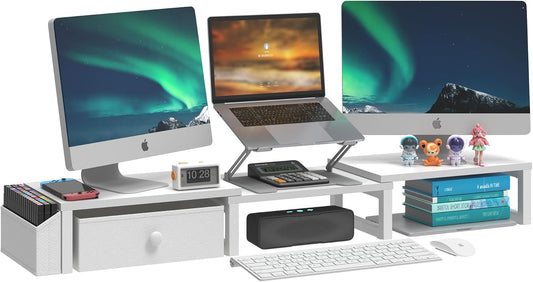 LAND·VOI Heavy Duty Dual Monitor Stand, Holds 2 Screens Up to 27 Inches, Adjustable Length and Angle Monitor Riser, Desk Organizer with Side Pockets and Drawers, Home Office Desk Storage, White