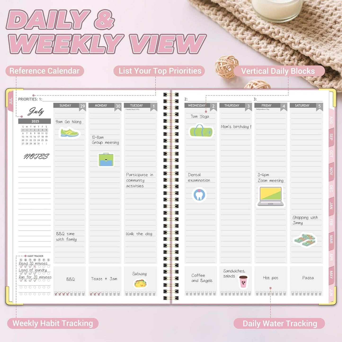 Academic Planner 2025-2026 (8.5" x 11") - Weekly & Monthly Planner (Jul. 2025 - Jun. 2026), Column View Calendar Organizers, Hardcover Agenda Book with Tabs for Office & School, Pink