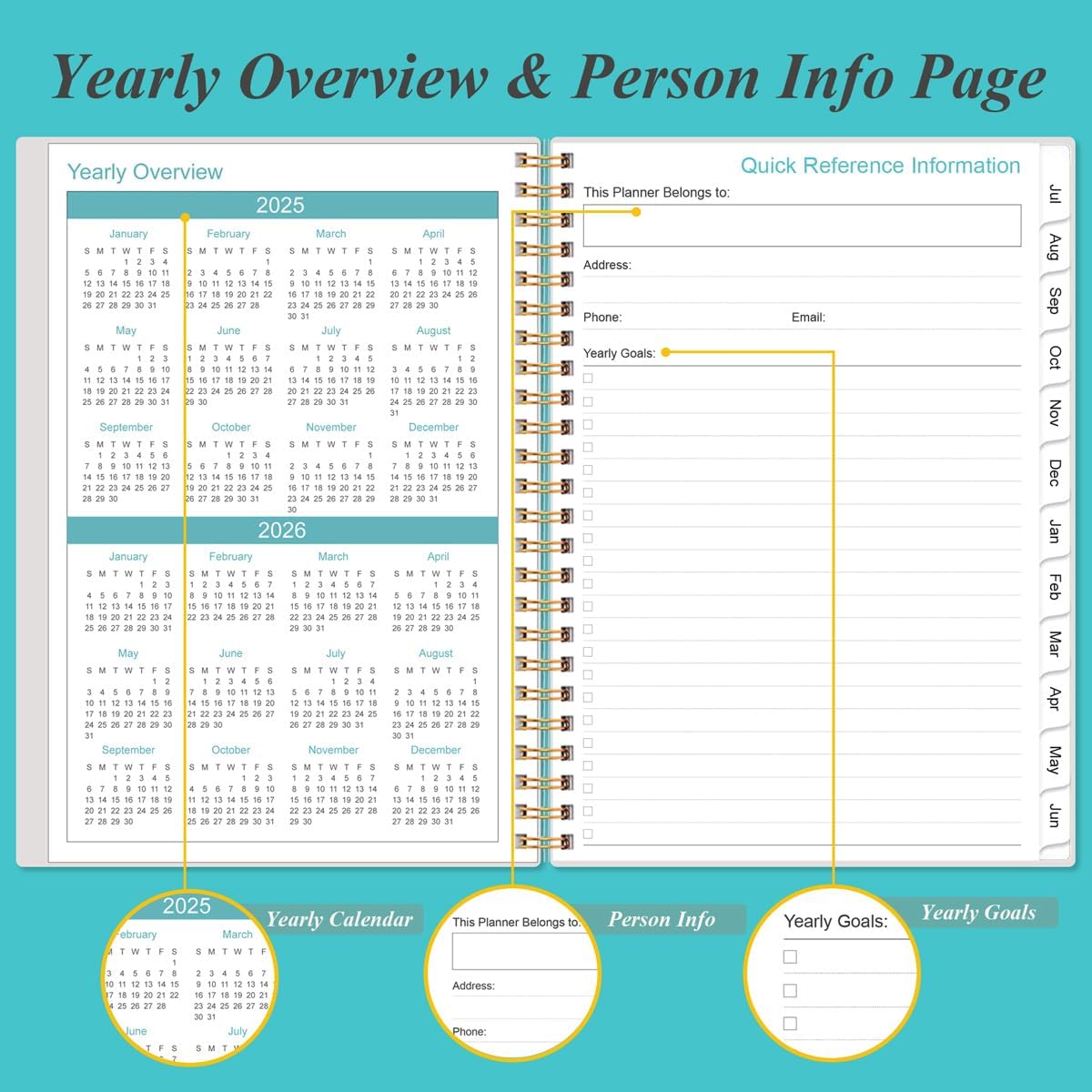 2025-2026 Daily & Monthly Planner - One Page Per Day, Daily Planner 2025-2026 from July 2025 to June 2026, Planner 25-26 with 12 Monthly Tabs, 6.4" x 8.5", Teal Flowers