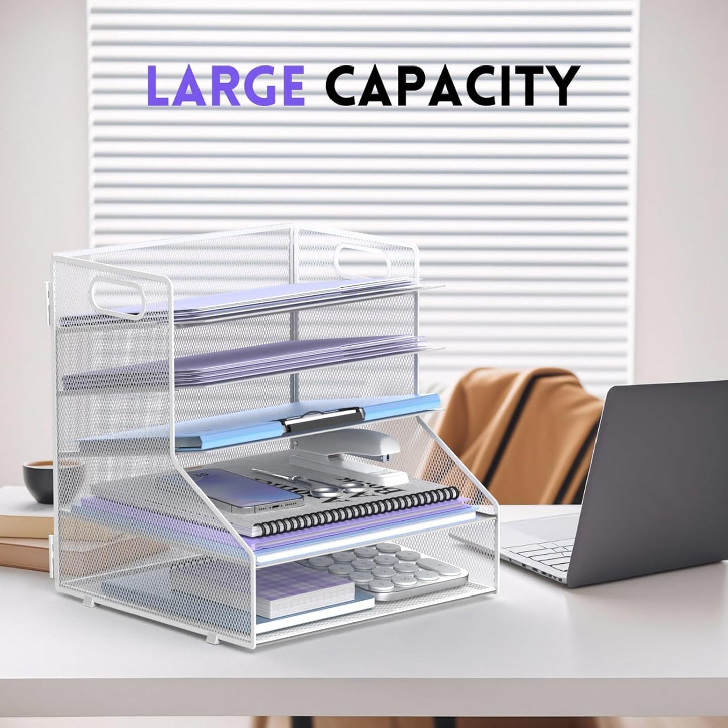 SUPEASY 5-Tier Desk File Organizer, Metal Letter Paper Tray, Desk Organizers and Accessories for Home Office Supplies, White