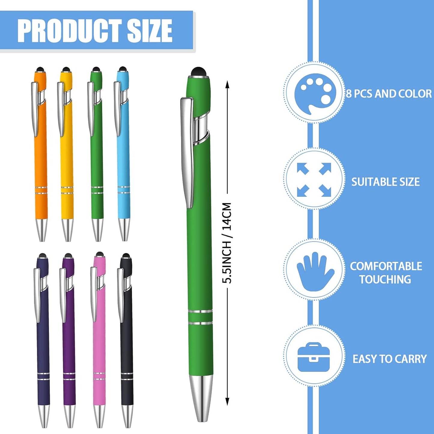 8 Pcs Blue Ink Ballpoint Pen with Stylus Tip 2 in 1 Stylus Ballpoint Pen Metal Pens Stylus Pen for Touch Screens School Office Coworkers (Multicolor)