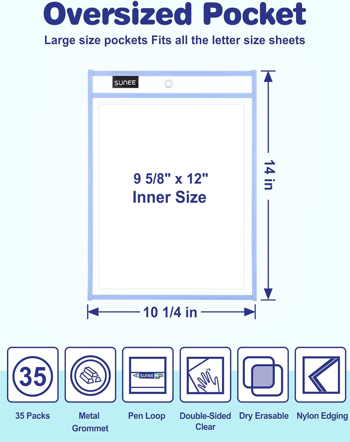 SUNEE 35 Packs Oversized Reusable Dry Erase Pocket Sleeves with 2 Rings, 10 Morandi Colors 10x14 Ticket Holders, Clear Plastic Sheet Protectors, Teacher School Classroom Supplies