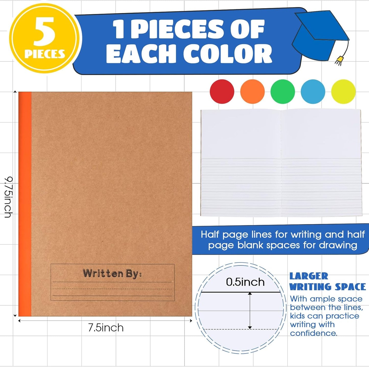 Henoyso 5 Pcs Primary Composition Notebook 9 3/4 x 7 1/2 Inch Kids Journal, Back to School Supplies, K-2 Primary Writing Notebook for Kids Student Draw and Write Story Journal (Bright Color)