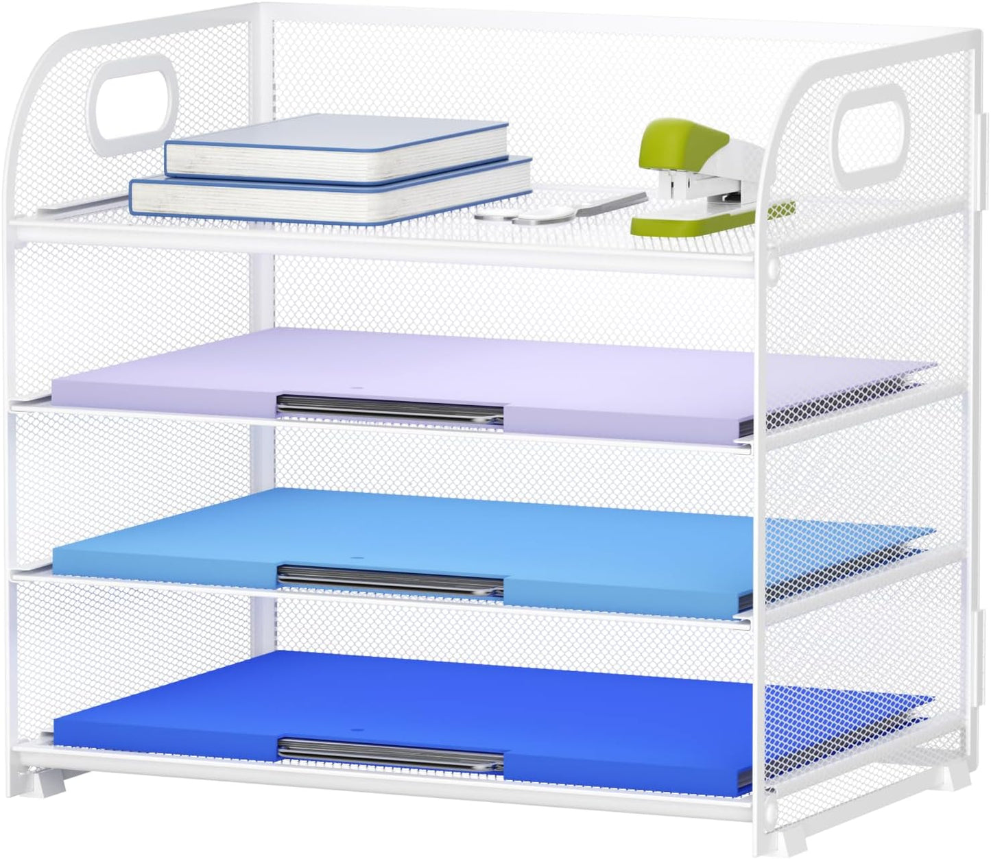 Marbrasse 4 Tier Paper Organizer Letter Tray, Mesh Desk File Organizer with Handle, Paper Sorter Organizer for Letter /A4 Office File Folder Holder（White, 12.6" x 9.1" x 10.7"）