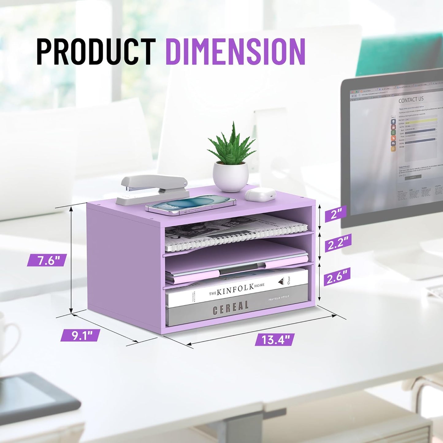 Wood Desk Organizer, 3 Tier Paper Tray Organizer for Desk with Adjustable Storage Shelves, Desktop Paper Sorter Mail Holder for Office Home Classroom, Purple