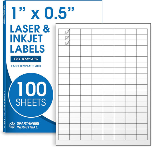 1" X 0.5" Matte White Printable Labels Compatible with Inkjet and Laser Printers - 100 Sheets, 16000 Small Stickers for Barcodes, Product Labeling, Inventory - Spartan Industrial