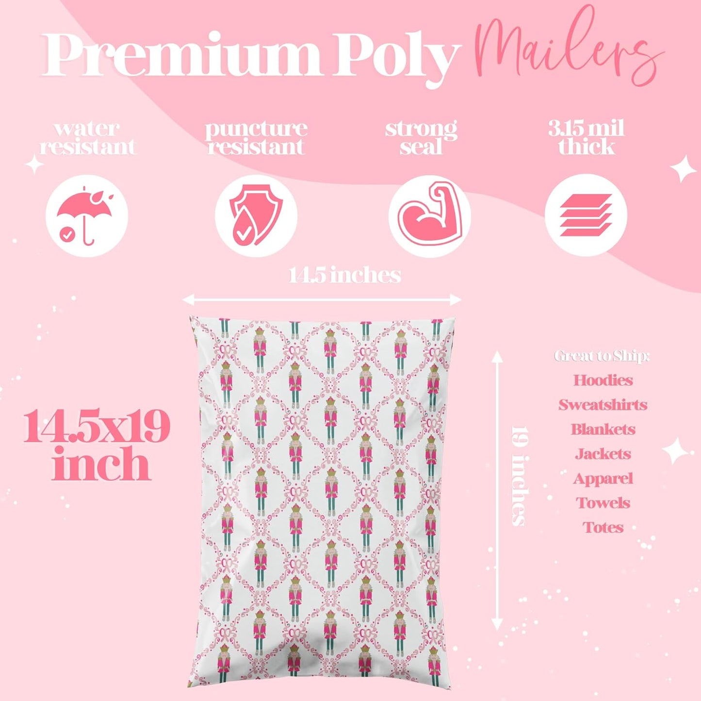 14.5x19 Designer Poly Mailer 100 Pack Heavy Duty Waterproof Self Seal Shipping Bags for Small Business Large Mailing Envelopes Bulk Tear Resistant Packaging Pink Nutcracker Christmas Holiday