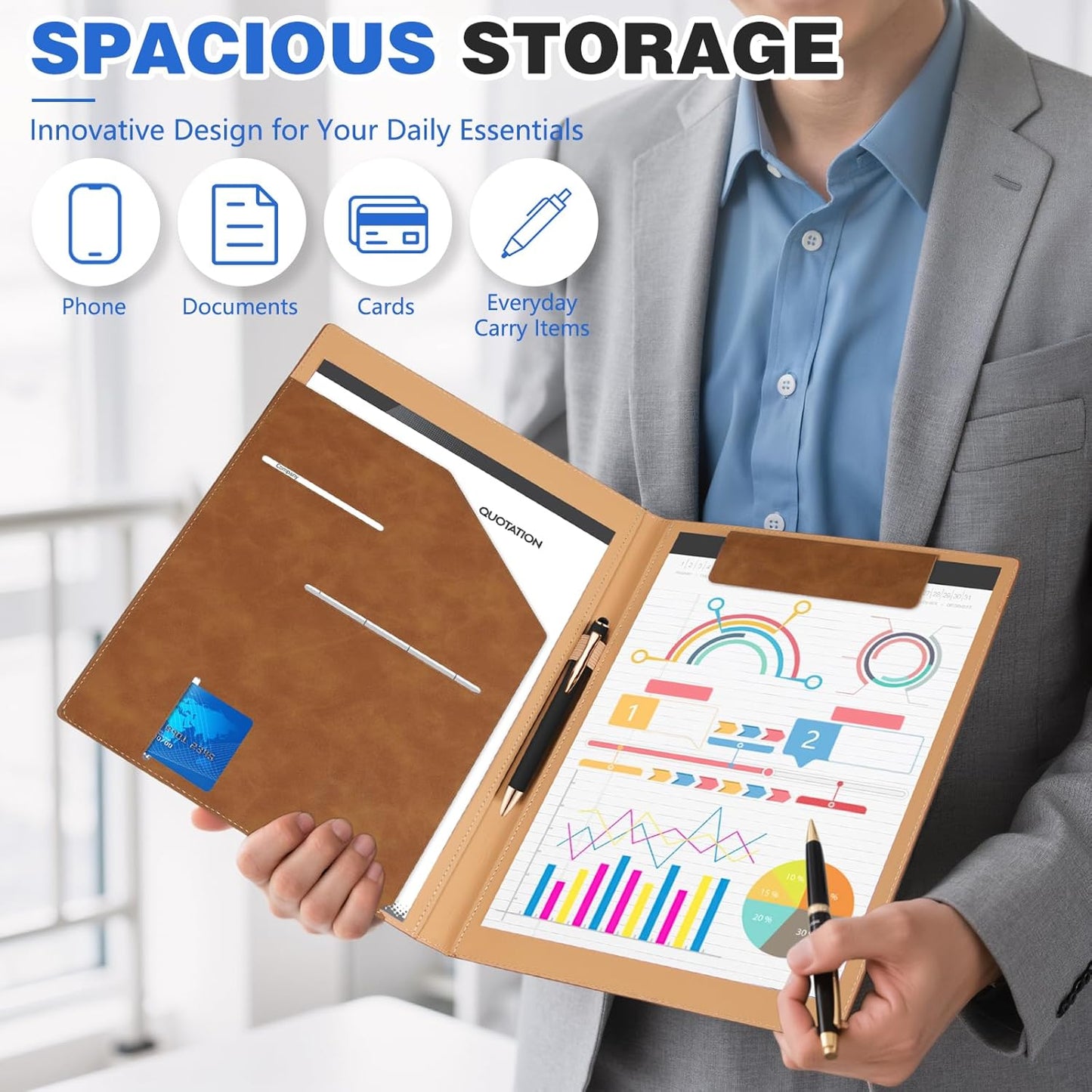 Personalized Padfolio Folder, Leather Custom Portfolio for Men & Women Resumes Office Business, A4 Portfolio Binder for Office College Resumes (Blue)