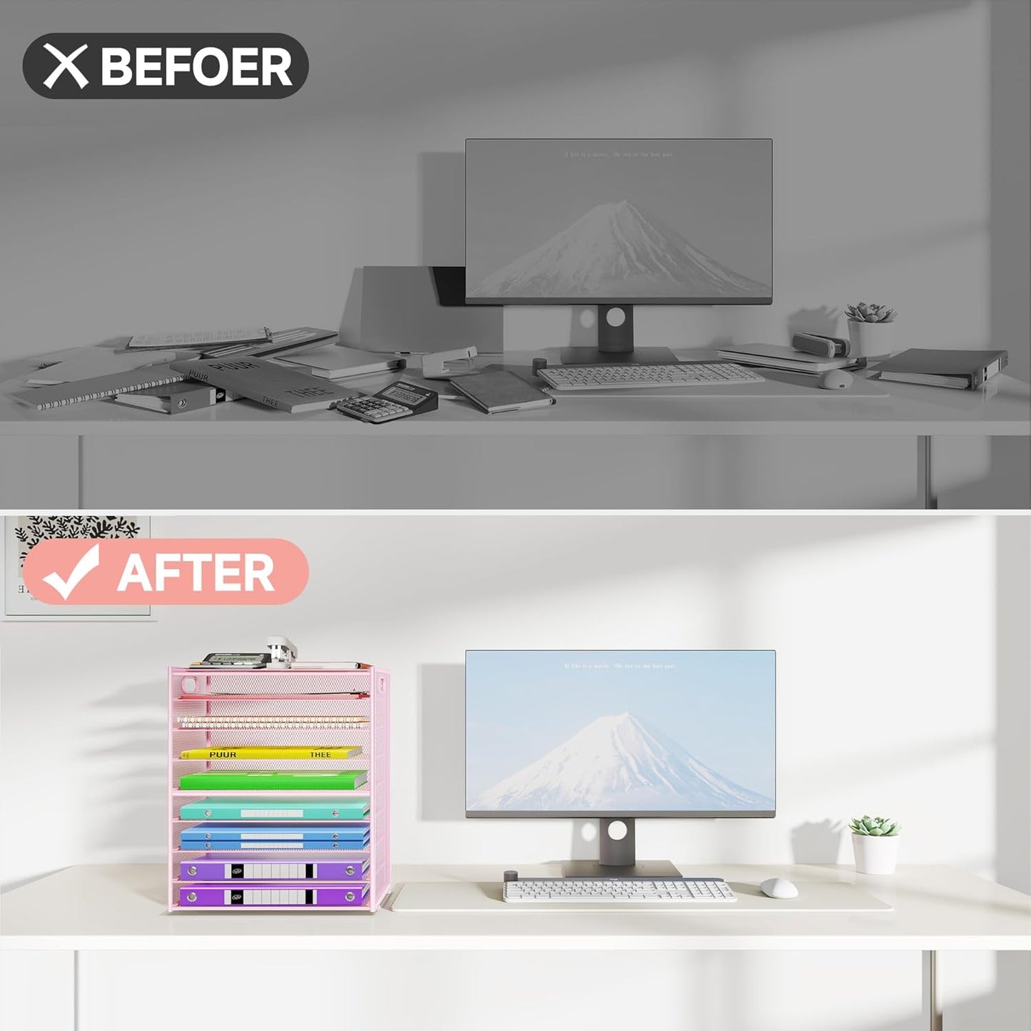 9 Tier Paper Organizer with Handle, Large Capacity Desk Organizer Mesh Paper Letter Tray File Folder Document Sorter for Classroom and Office Accessories Organization- Pink (2 Pack)