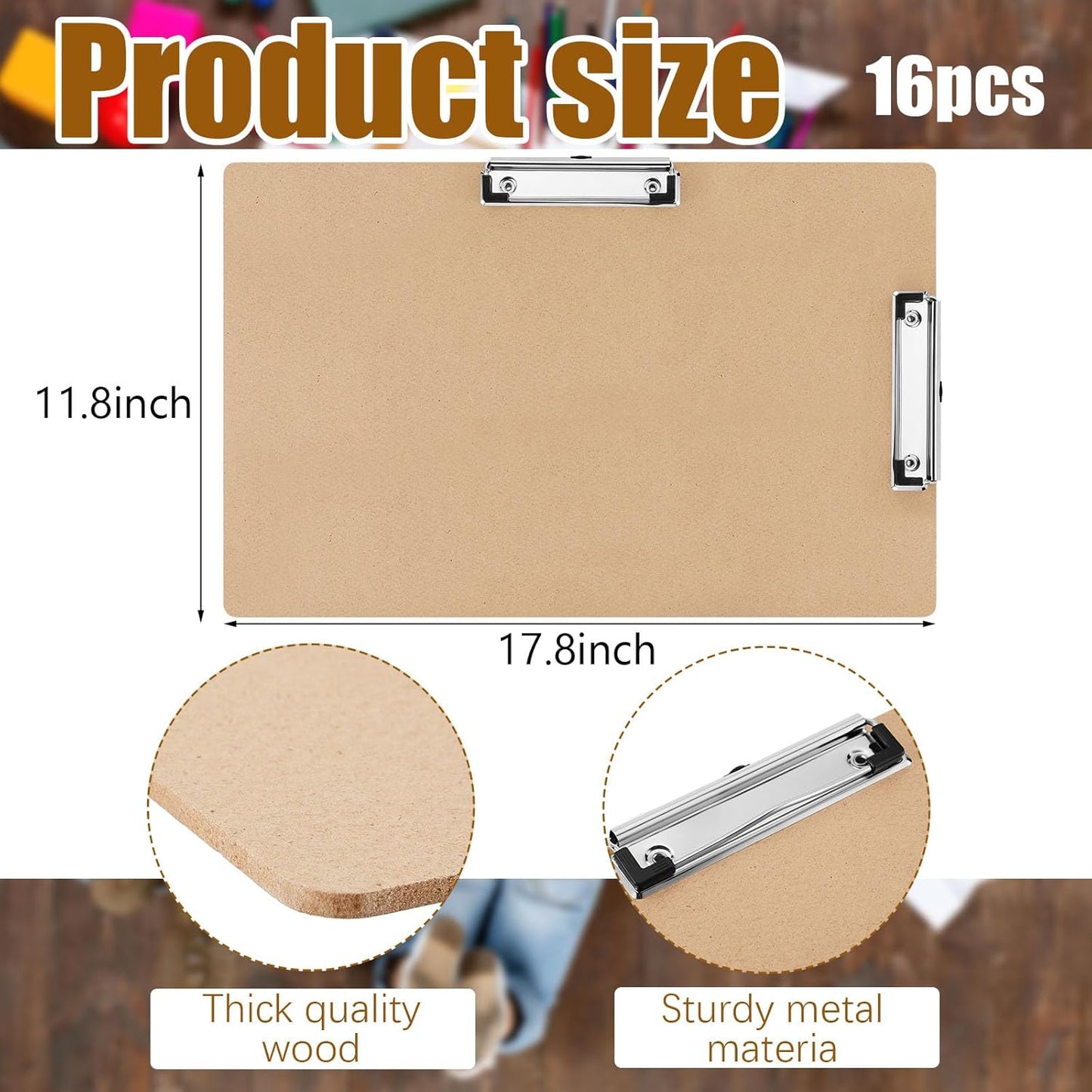Henoyso 16 Pcs 11x17 Clipboard Wooden Lap Board with Low Profile Clip Brown Double Landscape Clip Hardboard Drawing Board Landscape Horizontal Large Clipboard for Desk Paper Sketching Art Supplies