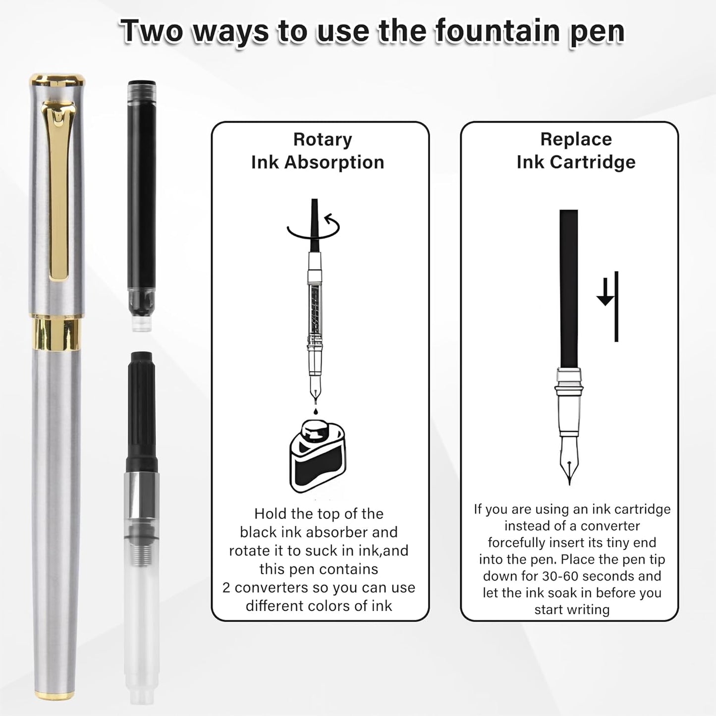 Fountain Pen with Medium Nib, Includes 10 Ink Cartridges, 2 Ink Refill Converter and Premium Gift Box, Luxury Fountain Pen Perfect for Journaling, Calligraphy, Smooth Writing