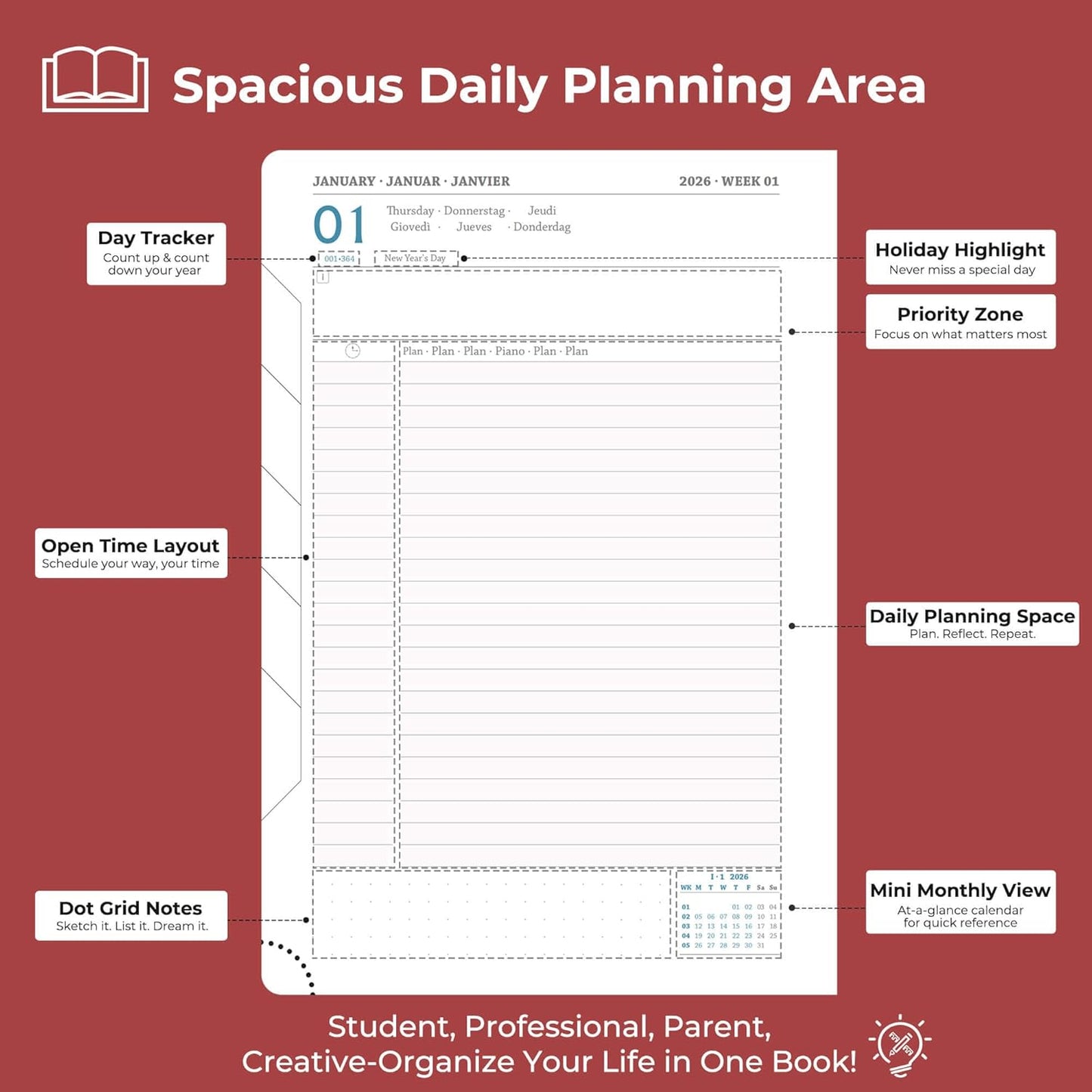 Daily Planner 2026 with One Page Per Day,(A5-8.5" x 5.9"),12 Months Calendar Hourly Appointment Book Monthly Tabs & Self-adhesive Pen Holder,Inner Pocket, Vegan Leather Hardback,Red