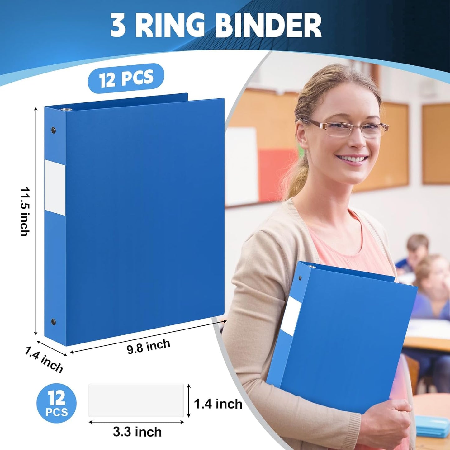 12 Pcs 1 Inch 3 Ring Plastic Binder Flexible Binders Bulk Fits Letter Size 8.5'' x 11'' Paper Holds up to 225 Sheets with 1 Pockets Versatile Binder for School Office Home (Blue)