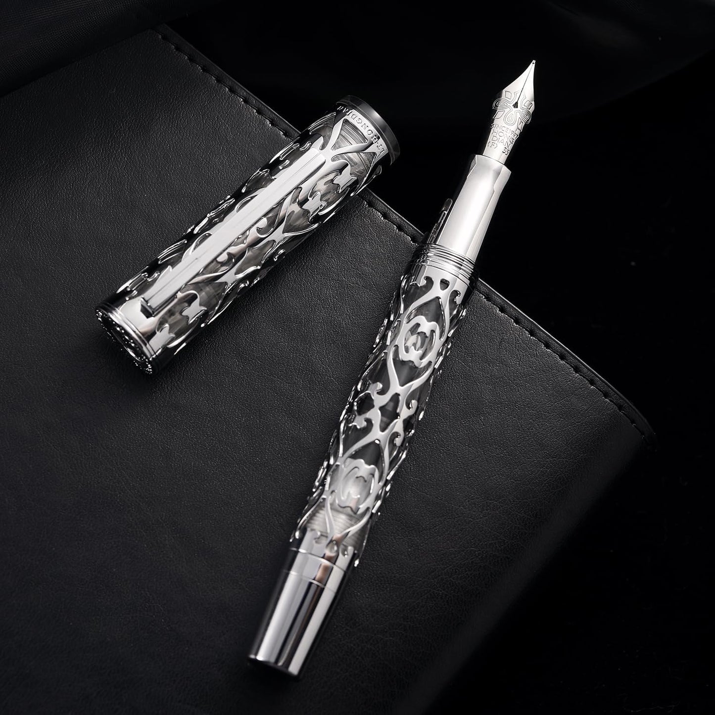 Hongdian D1 Piston Fountain Pen Extra Fine Nib, Hollow Skeleton & Resin Pen with Metal Case Set (Silver)