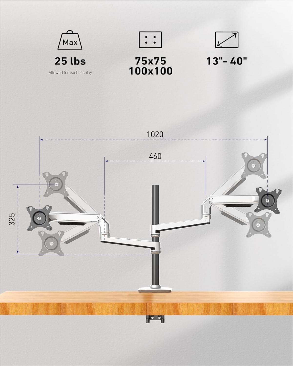 Quad Monitor Mount, Holds Screens up to 40 Inches and 25 lbs, Fully Adjustable 4 Monitor Mount with C-Clamp and Grommet Base, Aluminum, Silver